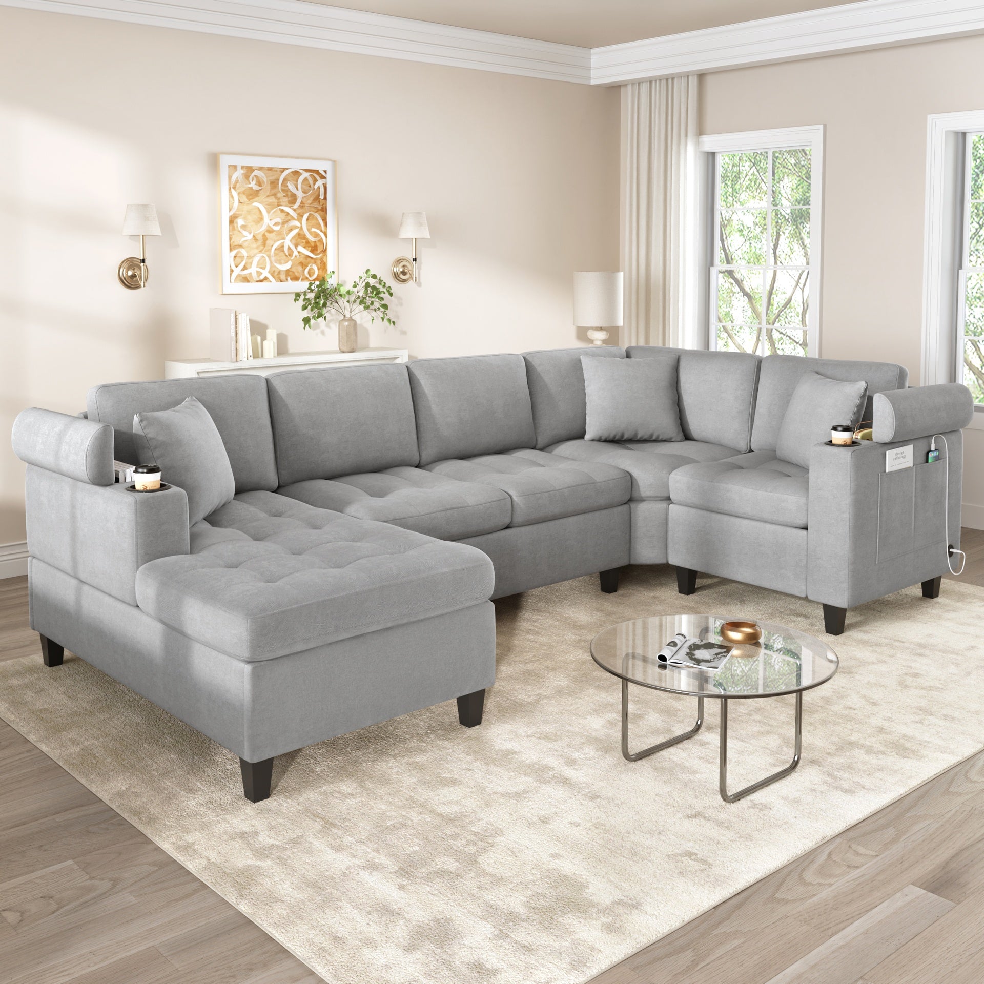 Modern U-shaped Sectional Sofa 115.7" Corner Sectional Living Room Couch Oversized Sectional with with Built-in Cup Holders, Storage Space and USB Ports for Living Room, Light Grey