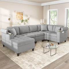 Modern U-shaped Sectional Sofa 115.7" Corner Sectional Living Room Couch Oversized Sectional with with Built-in Cup Holders, Storage Space and USB Ports for Living Room, Light Grey