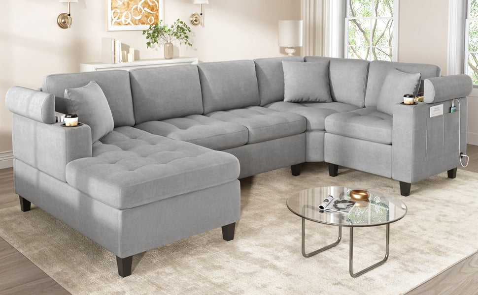 Modern U-shaped Sectional Sofa 115.7" Corner Sectional Living Room Couch Oversized Sectional with with Built-in Cup Holders, Storage Space and USB Ports for Living Room, Light Grey