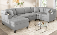 Modern U-shaped Sectional Sofa 115.7" Corner Sectional Living Room Couch Oversized Sectional with with Built-in Cup Holders, Storage Space and USB Ports for Living Room, Light Grey