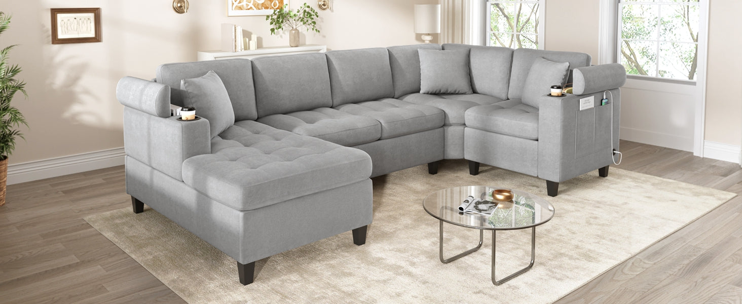 Modern U-shaped Sectional Sofa 115.7" Corner Sectional Living Room Couch Oversized Sectional with with Built-in Cup Holders, Storage Space and USB Ports for Living Room, Light Grey