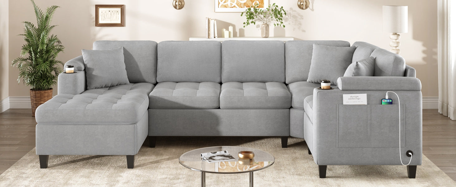 Modern U-shaped Sectional Sofa 115.7" Corner Sectional Living Room Couch Oversized Sectional with with Built-in Cup Holders, Storage Space and USB Ports for Living Room, Light Grey