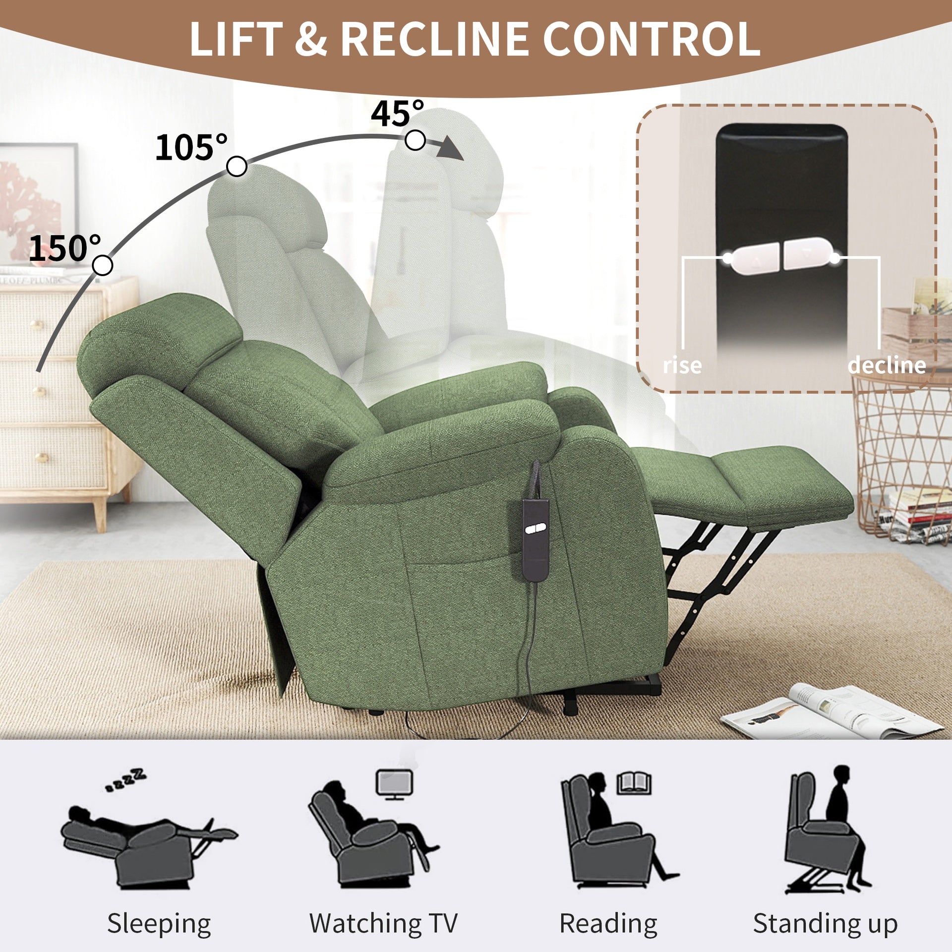 Power Lift Recliner for Elderly, Heavy Duty Lift Chair Recliners for Small Spaces, Electric Recliner Chairs for Seniors, Remote Control, Adjustable, Side Pocket (Dark Green+ Snowflake Velvet)