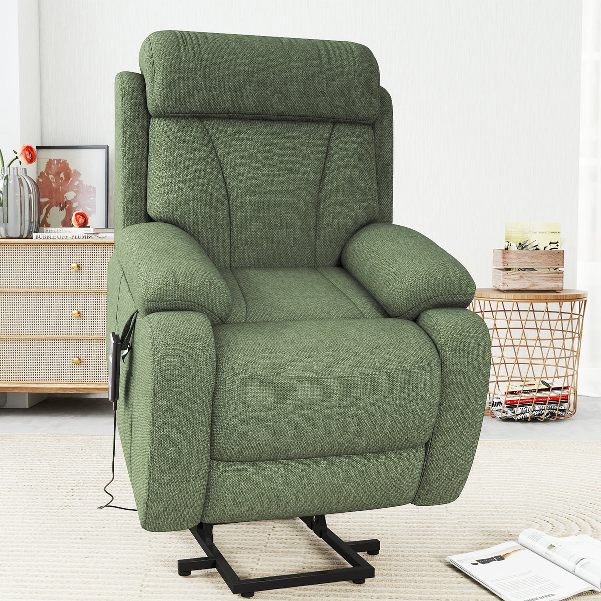Power Lift Recliner for Elderly, Heavy Duty Lift Chair Recliners for Small Spaces, Electric Recliner Chairs for Seniors, Remote Control, Adjustable, Side Pocket (Dark Green+ Snowflake Velvet)