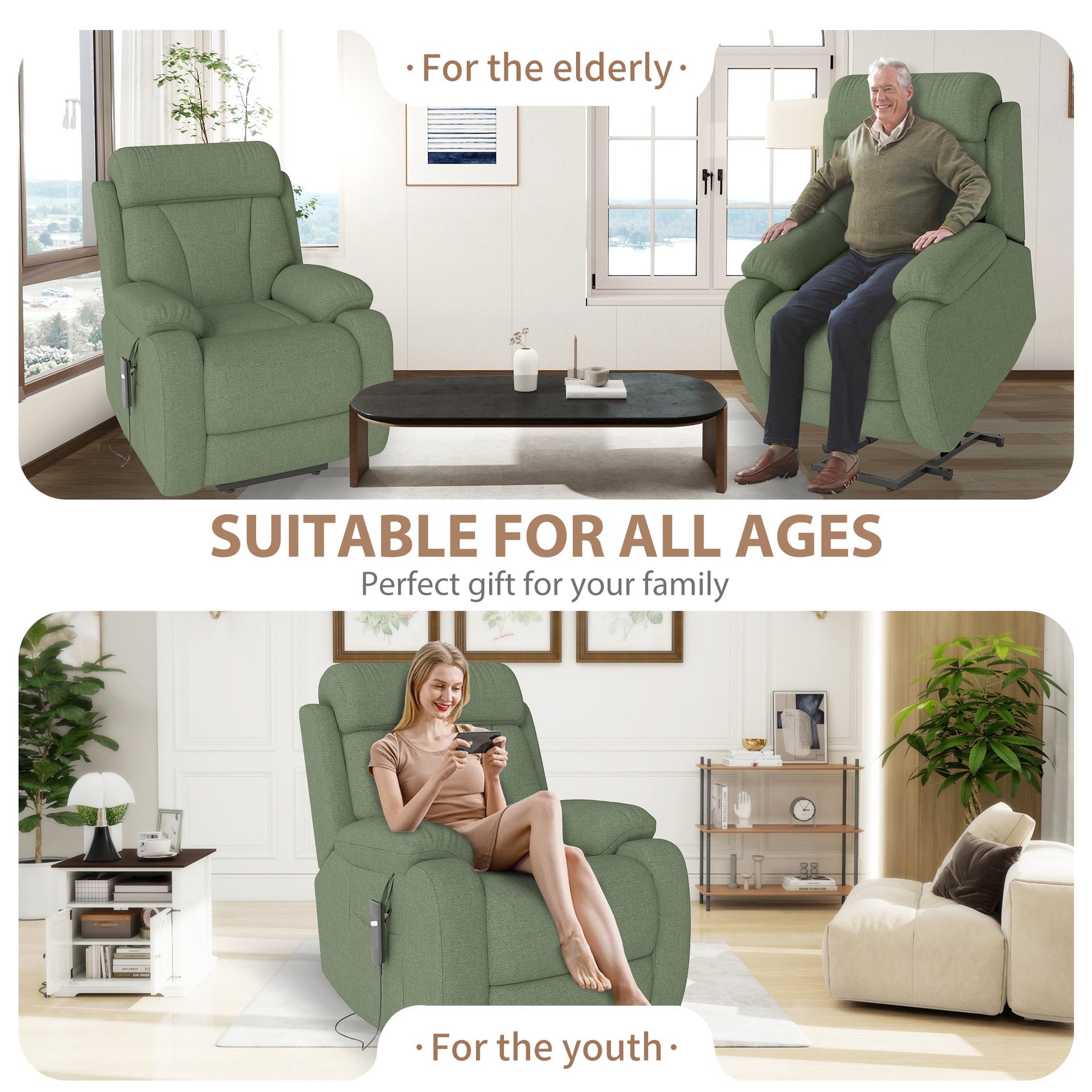 Power Lift Recliner for Elderly, Heavy Duty Lift Chair Recliners for Small Spaces, Electric Recliner Chairs for Seniors, Remote Control, Adjustable, Side Pocket (Dark Green+ Snowflake Velvet)