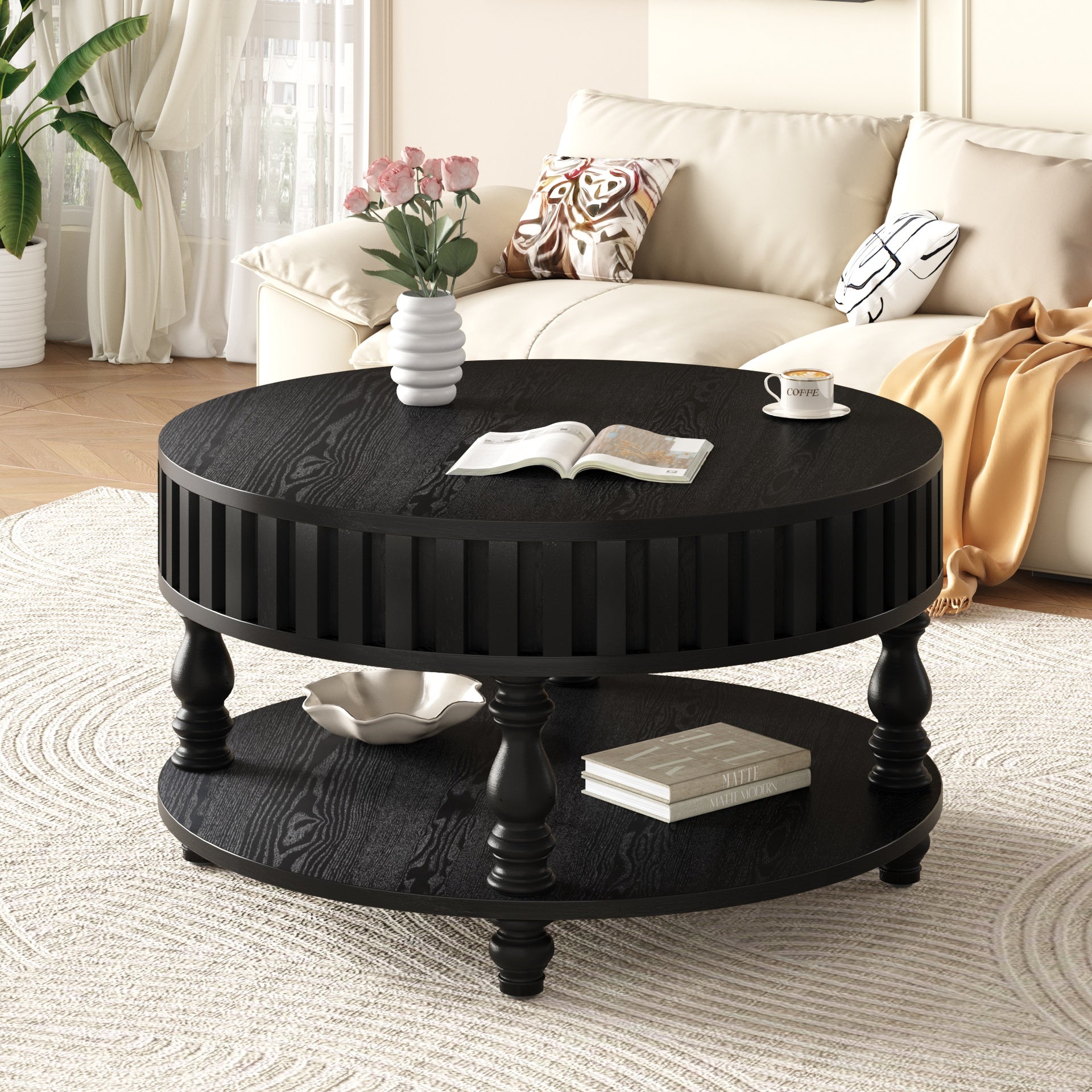 Modern Fluted Coffee Table with Storage, Black Finish Center Table with Flip-Top Lid, Sturdy Solid Wood Legs for Mid Century Living Room