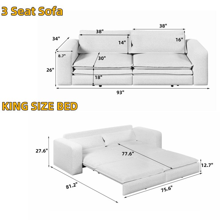 93" King Size Sleeper Sofa Bed, Pull Out Sofa Bed, 3 in 1 Convertible Sleeper Sofa, Chaise Lounge,3 Seat Teddy Couch with 2 Lumbar Pillows for Living Room,Beige/White(Old Sku:W1885S00053/W1885S00161)