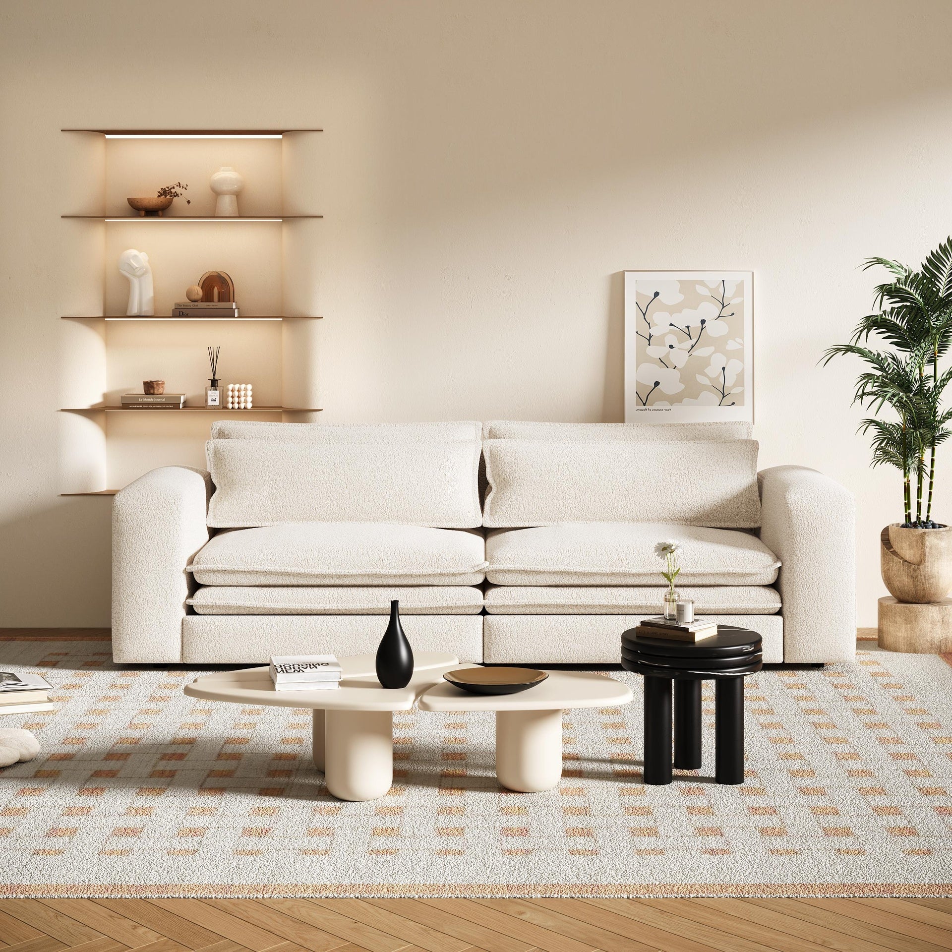 93" King Size Sleeper Sofa Bed, Pull Out Sofa Bed, 3 in 1 Convertible Sleeper Sofa, Chaise Lounge,3 Seat Teddy Couch with 2 Lumbar Pillows for Living Room,Beige/White(Old Sku:W1885S00053/W1885S00161)