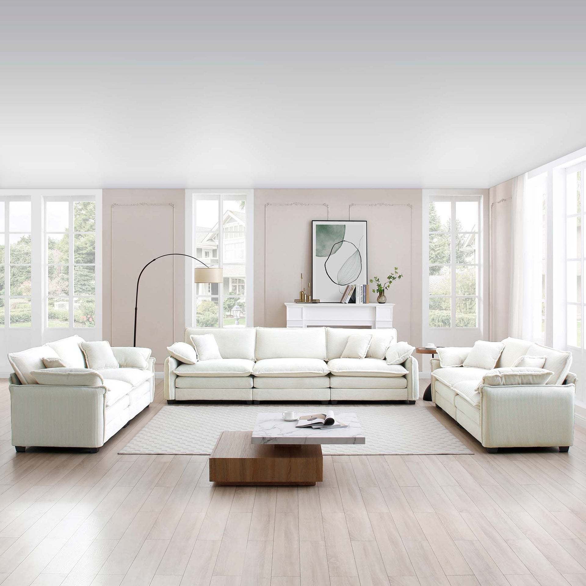 Modern Living Room Sofa 3 Pieces Set, Two 2-Seater Sofas and One 3-Seater Sofas, Upholstery Large Deep Seat Sofa with sofat Cushion and Pillowss, Beige Corduroy