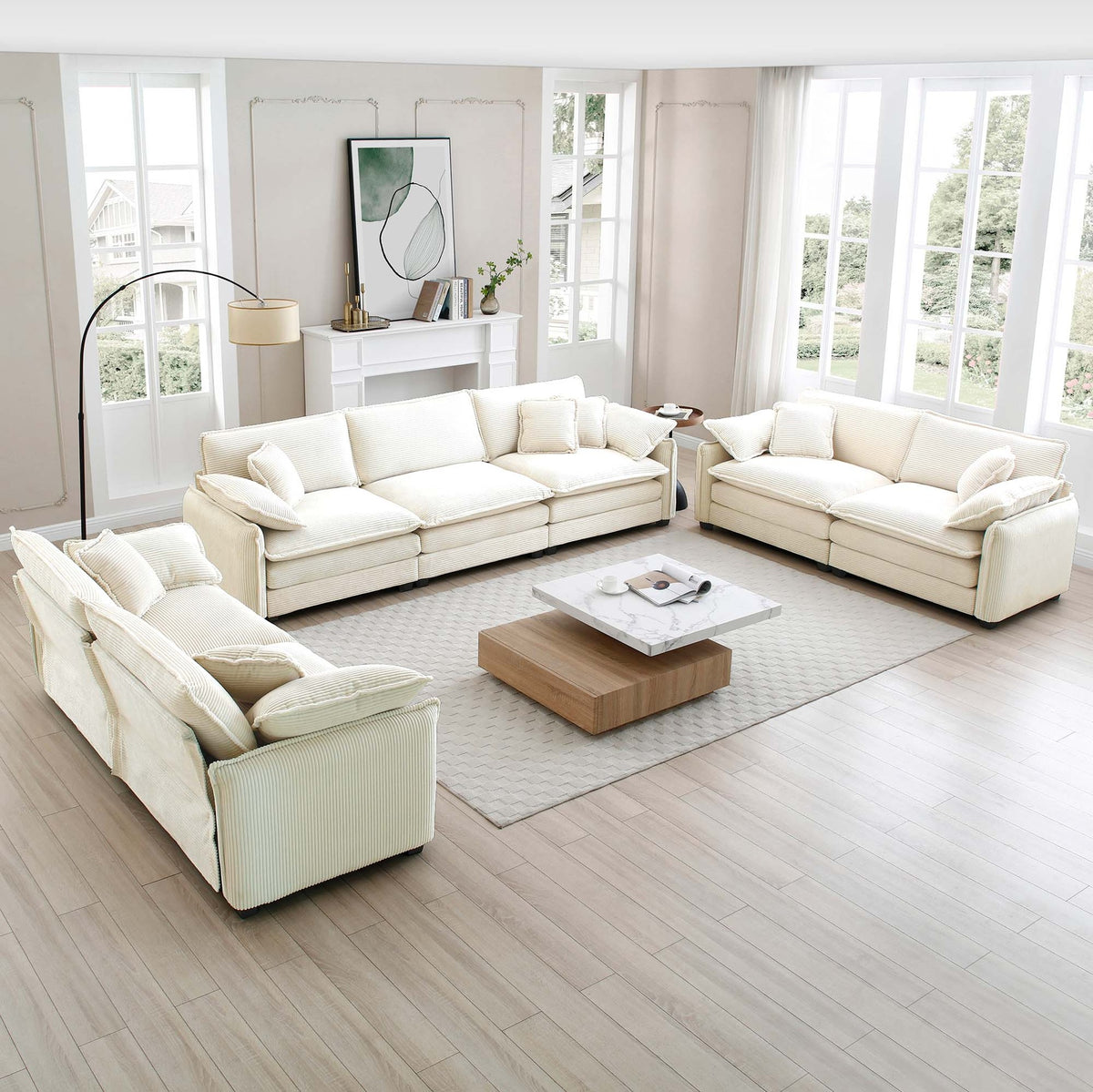 Modern Living Room Sofa 3 Pieces Set, Two 2-Seater Sofas and One 3-Seater Sofas, Upholstery Large Deep Seat Sofa with sofat Cushion and Pillowss, Beige Corduroy