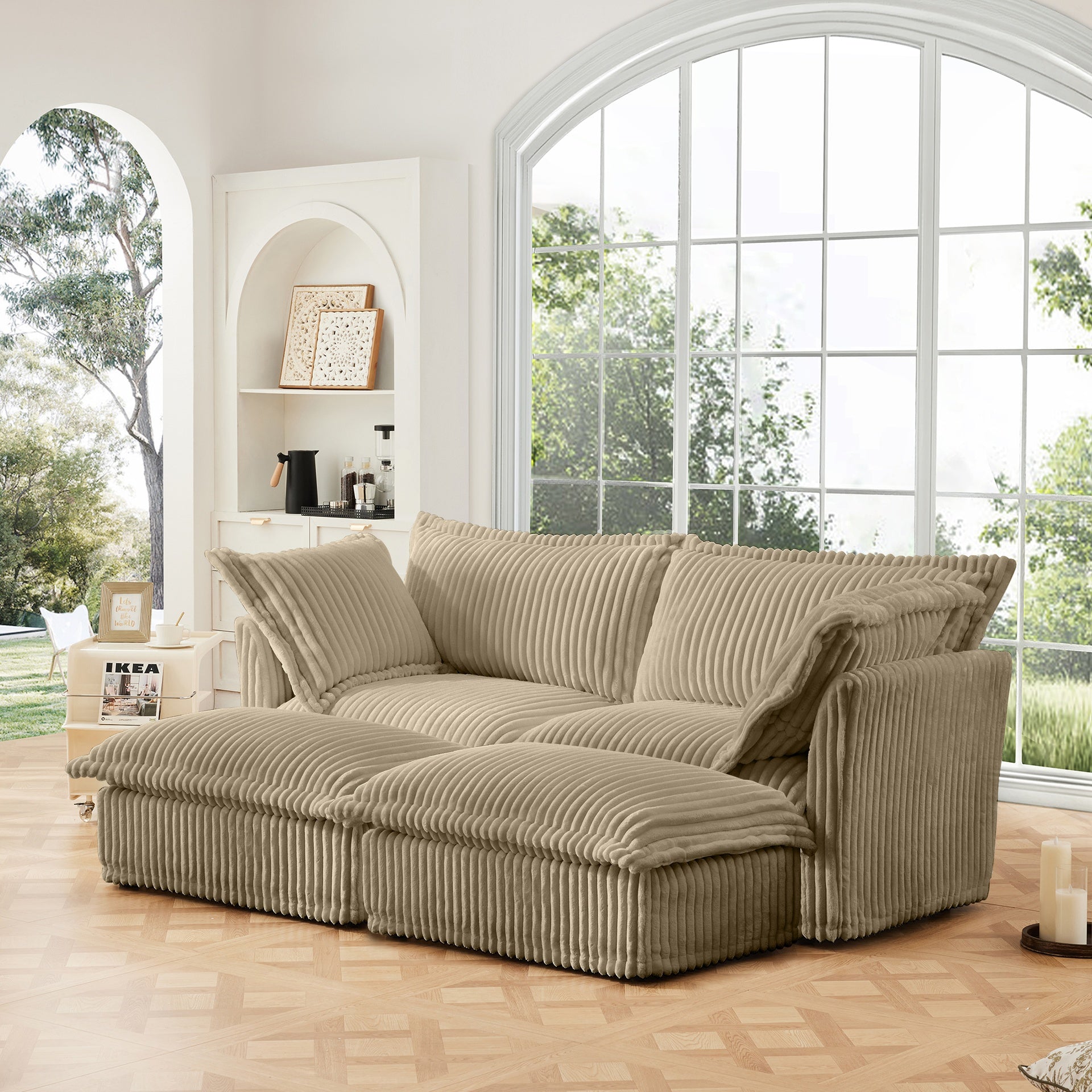 Slipcovered Sofa 2 Seater Sofa    With 2 Ottomans, 2 Seater Sleeper Sofa Bed Home Theater Oversized Sofa For Living Room, Corduroy,Camel