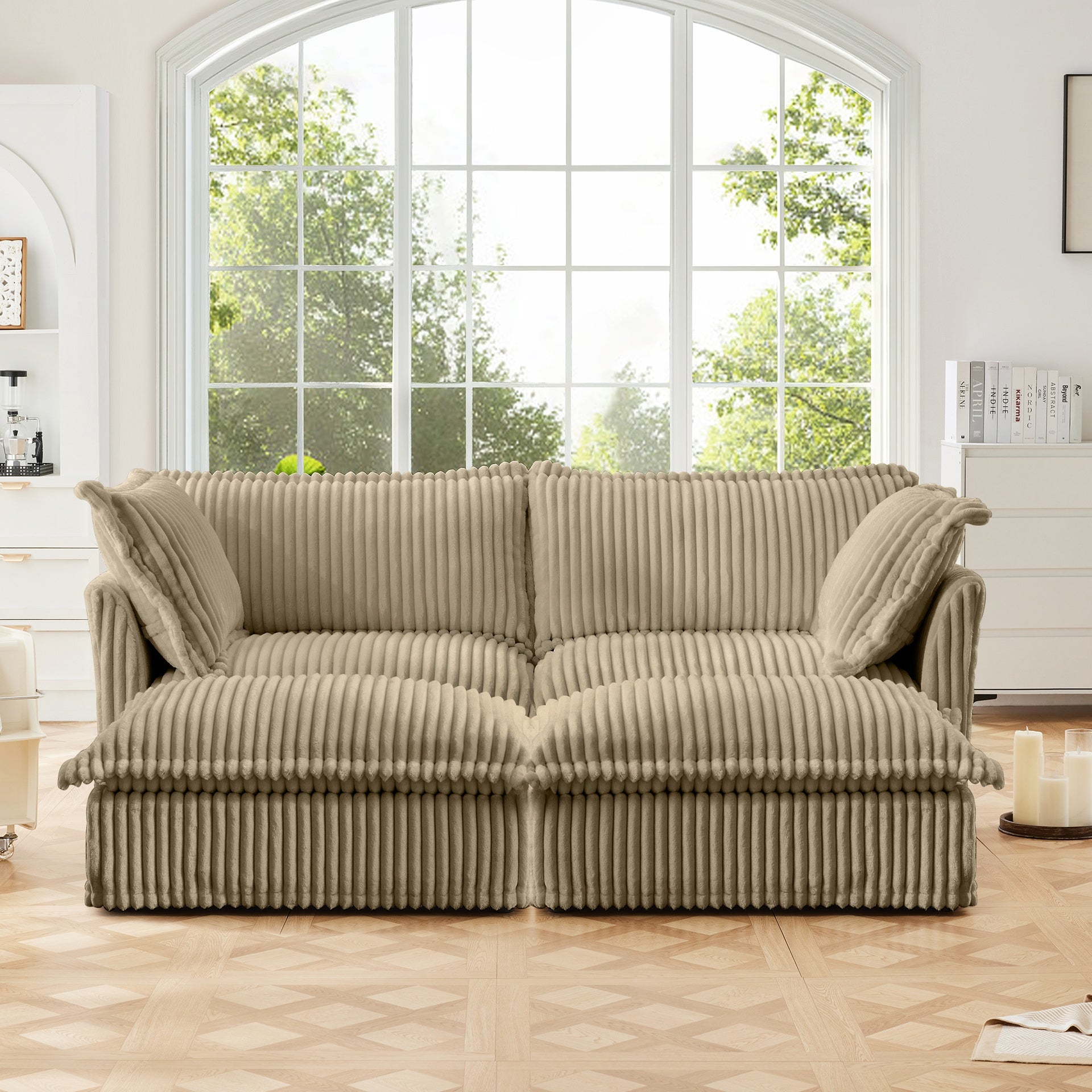 Slipcovered Sofa 2 Seater Sofa    With 2 Ottomans, 2 Seater Sleeper Sofa Bed Home Theater Oversized Sofa For Living Room, Corduroy,Camel