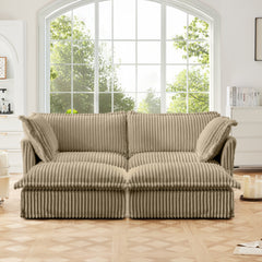 Slipcovered Sofa 2 Seater Sofa    With 2 Ottomans, 2 Seater Sleeper Sofa Bed Home Theater Oversized Sofa For Living Room, Corduroy,Camel