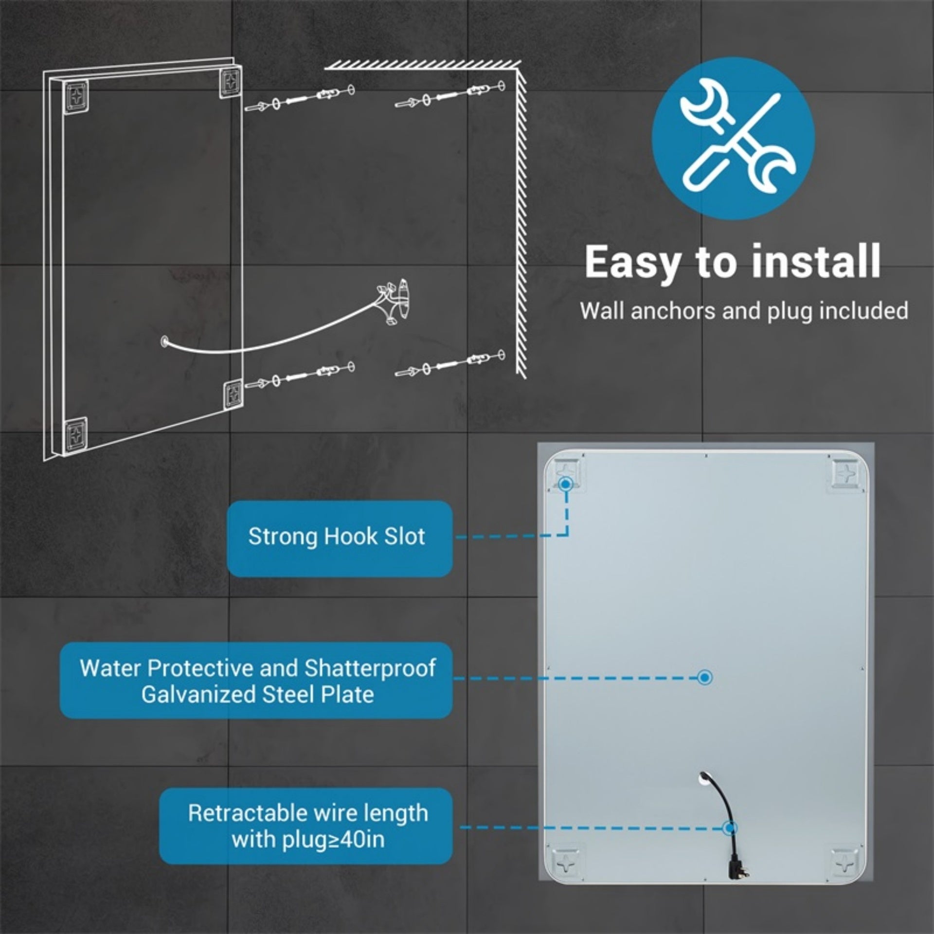 LED Bathroom Mirror 36" x 28" Front and Backlight, 5 Mins Defog, 5MM Full HD Reflected Wall Mounted Vanity Mirror, 3 Colors Stepless Dimmable, CRI90+, Memory Function (Plug-in/Hardwire)