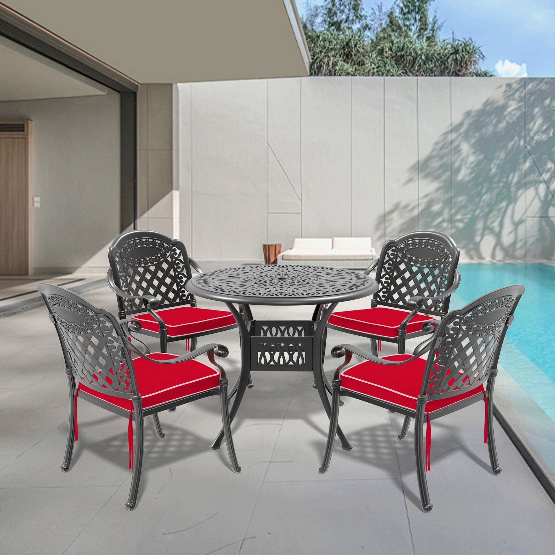 5-Piece Set Of Cast Aluminum Patio Furniture With Red Cushions(same as W1710S00615)