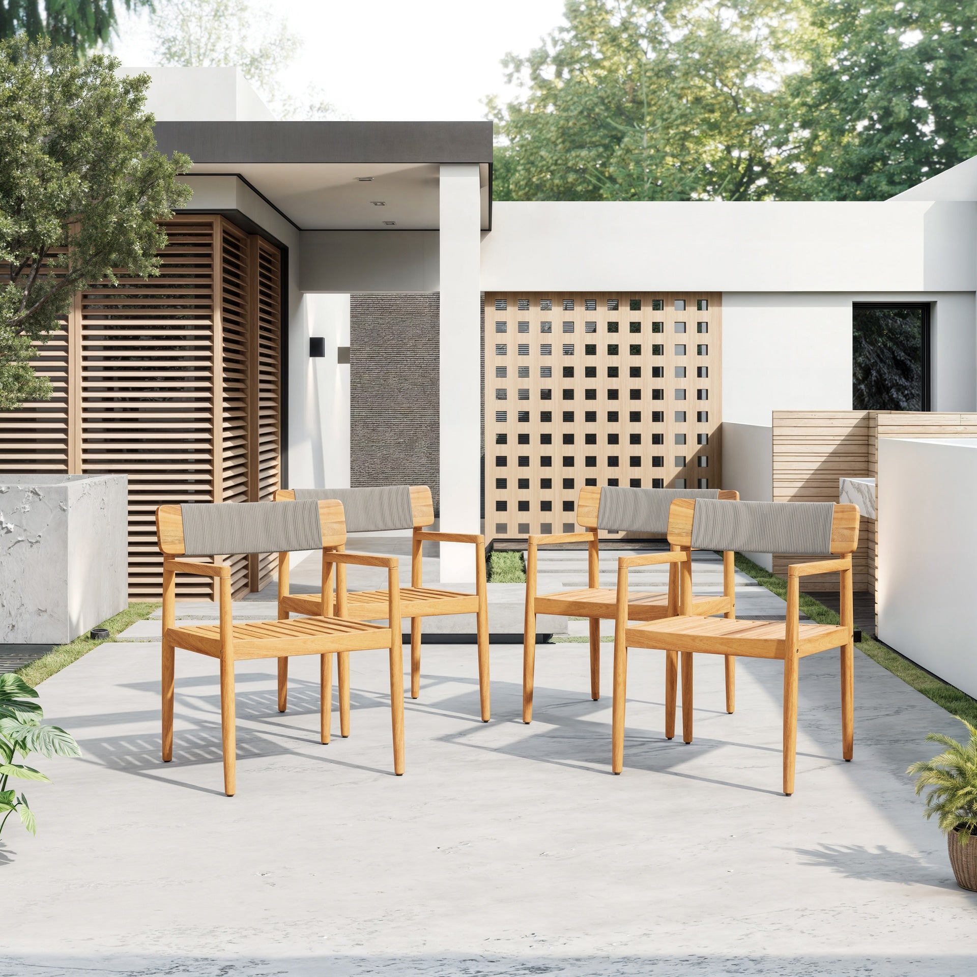 4-Piece Patio Furniture Set,Braided Acacia Wood Outdoor Dining Chairs with Armrests,Teak Look & Gray Rope Weave, All-Weather Garden, Backyard, Poolside Dining and Leisure