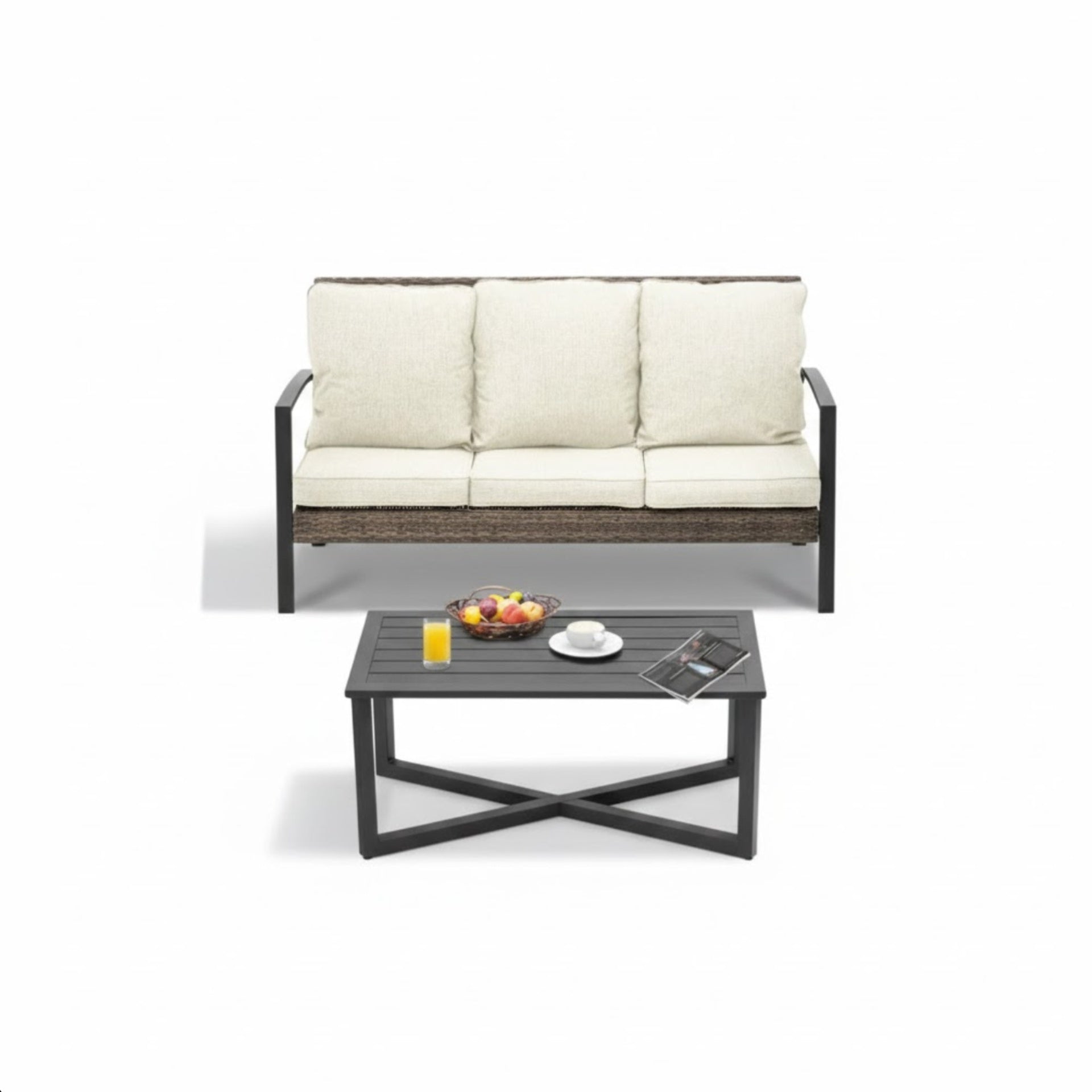 2-Piece Wicker Patio Conversation Set with Beige Cushions & Coffee Table