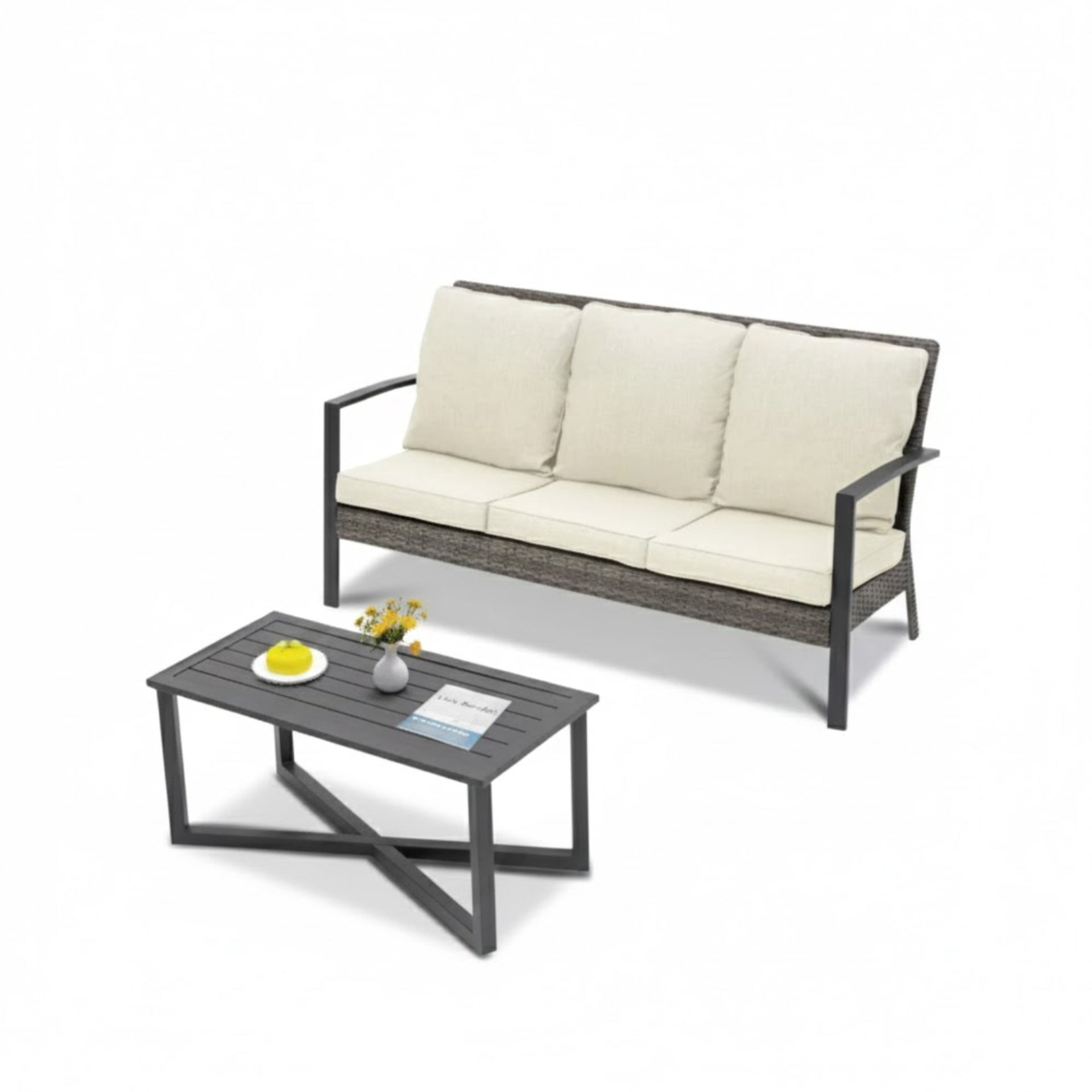 2-Piece Wicker Patio Conversation Set with Beige Cushions & Coffee Table
