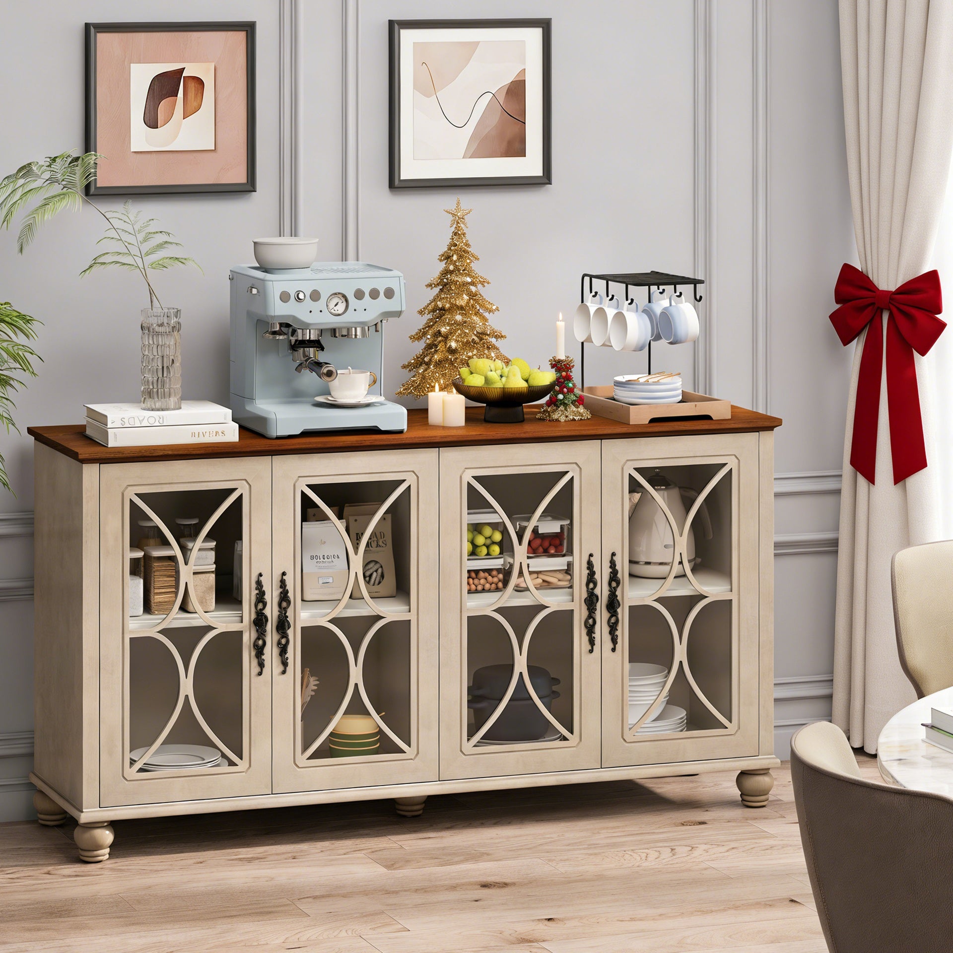 Elegant European Antique Style 4-Door Cabinet with Tempered Glass Doors,for Dining Room,Living Room,Hallway,Easy Assembly,Beige