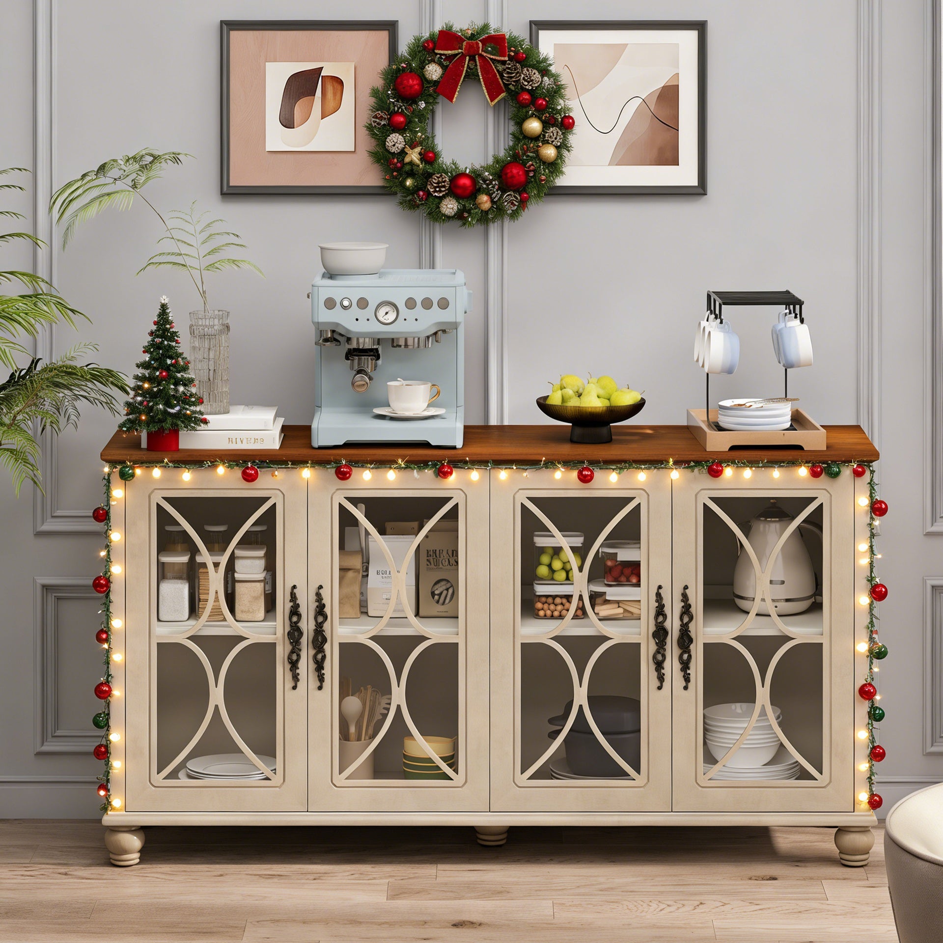 Elegant European Antique Style 4-Door Cabinet with Tempered Glass Doors,for Dining Room,Living Room,Hallway,Easy Assembly,Beige