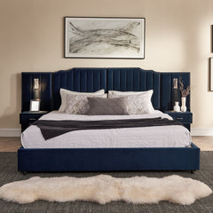 King Size Upholstered Bed Frame with Velvet Fabric, Vertical Stripe Design with Buttons Around King Size Platform Bed with Headboard, Solid Frame & Bedside Table - No Box Spring Needed-Dark Blue