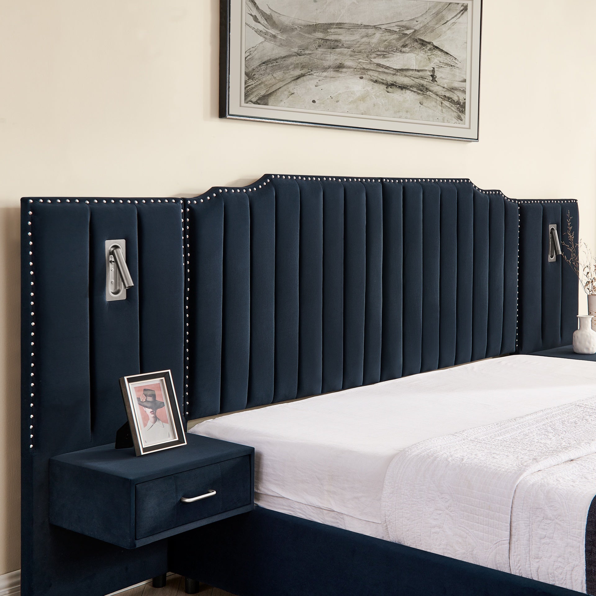 King Size Upholstered Bed Frame with Velvet Fabric, Vertical Stripe Design with Buttons Around King Size Platform Bed with Headboard, Solid Frame & Bedside Table - No Box Spring Needed-Dark Blue