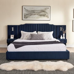 King Size Upholstered Bed Frame with Velvet Fabric, Vertical Stripe Design with Buttons Around King Size Platform Bed with Headboard, Solid Frame & Bedside Table - No Box Spring Needed-Dark Blue