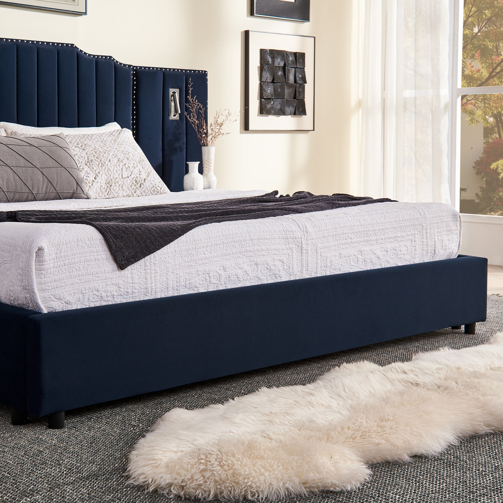 King Size Upholstered Bed Frame with Velvet Fabric, Vertical Stripe Design with Buttons Around King Size Platform Bed with Headboard, Solid Frame & Bedside Table - No Box Spring Needed-Dark Blue