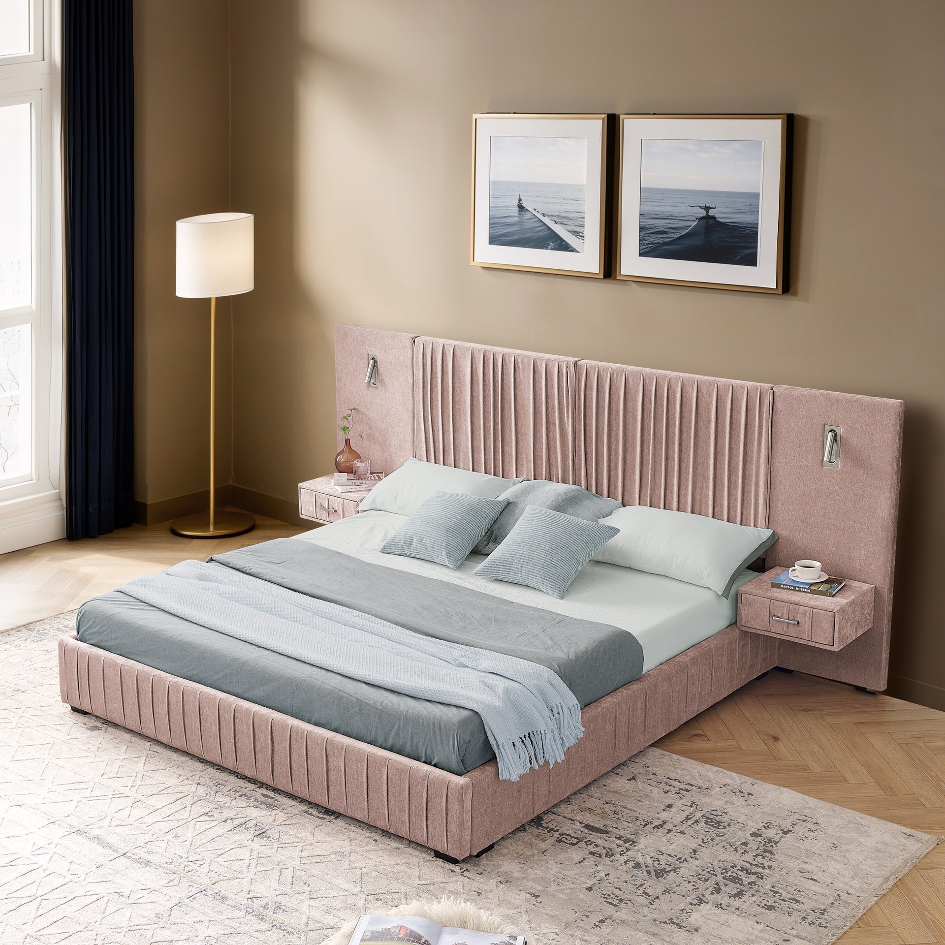 Queen Size Upholstered Bed Frame with Chenille fabric with pleated design,Grounded Queen Size Platform Bed with Headboard and Solid Frame and the bedside table.No Box Spring Needed-Pink
