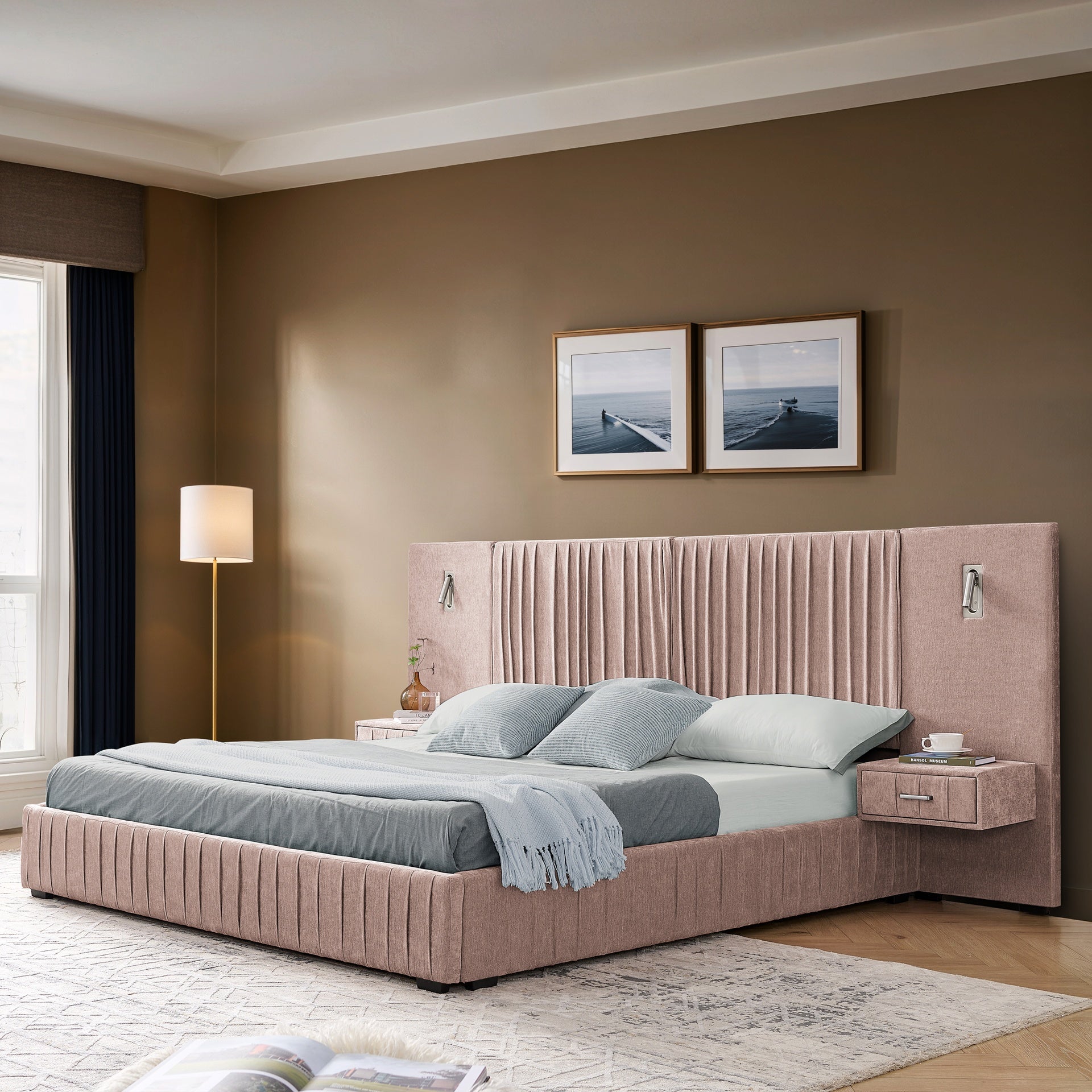 Queen Size Upholstered Bed Frame with Chenille fabric with pleated design,Grounded Queen Size Platform Bed with Headboard and Solid Frame and the bedside table.No Box Spring Needed-Pink