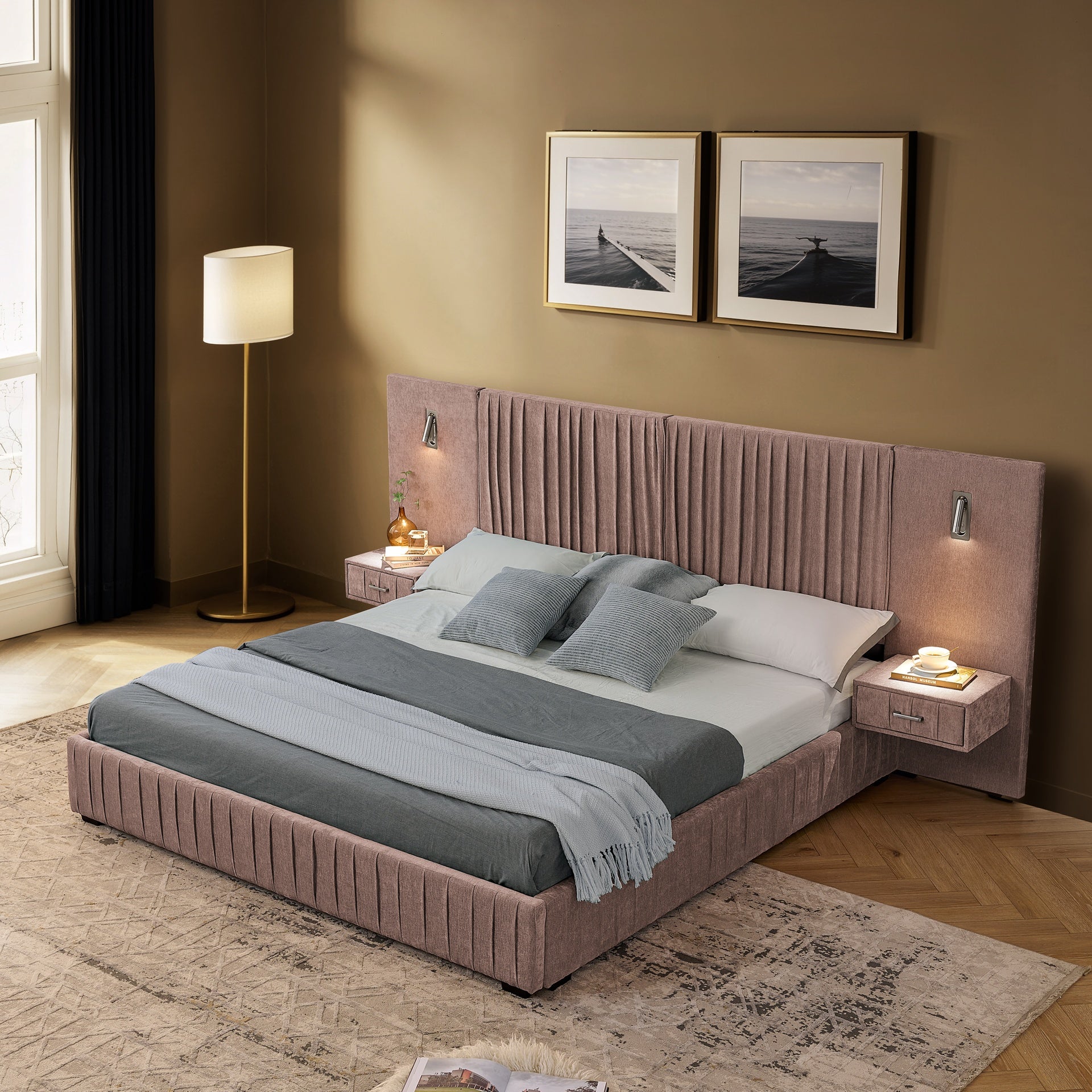Queen Size Upholstered Bed Frame with Chenille fabric with pleated design,Grounded Queen Size Platform Bed with Headboard and Solid Frame and the bedside table.No Box Spring Needed-Pink