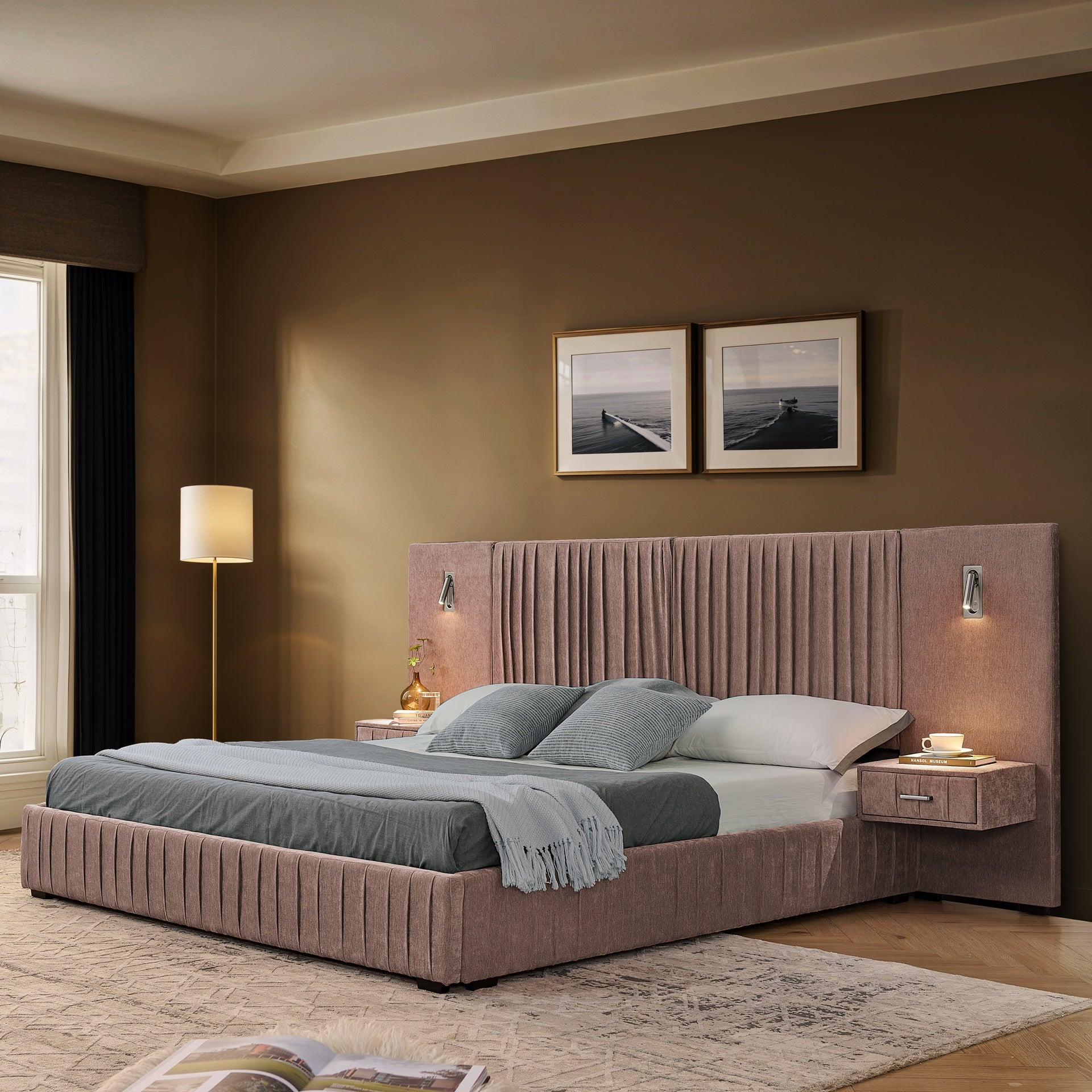 Queen Size Upholstered Bed Frame with Chenille fabric with pleated design,Grounded Queen Size Platform Bed with Headboard and Solid Frame and the bedside table.No Box Spring Needed-Pink