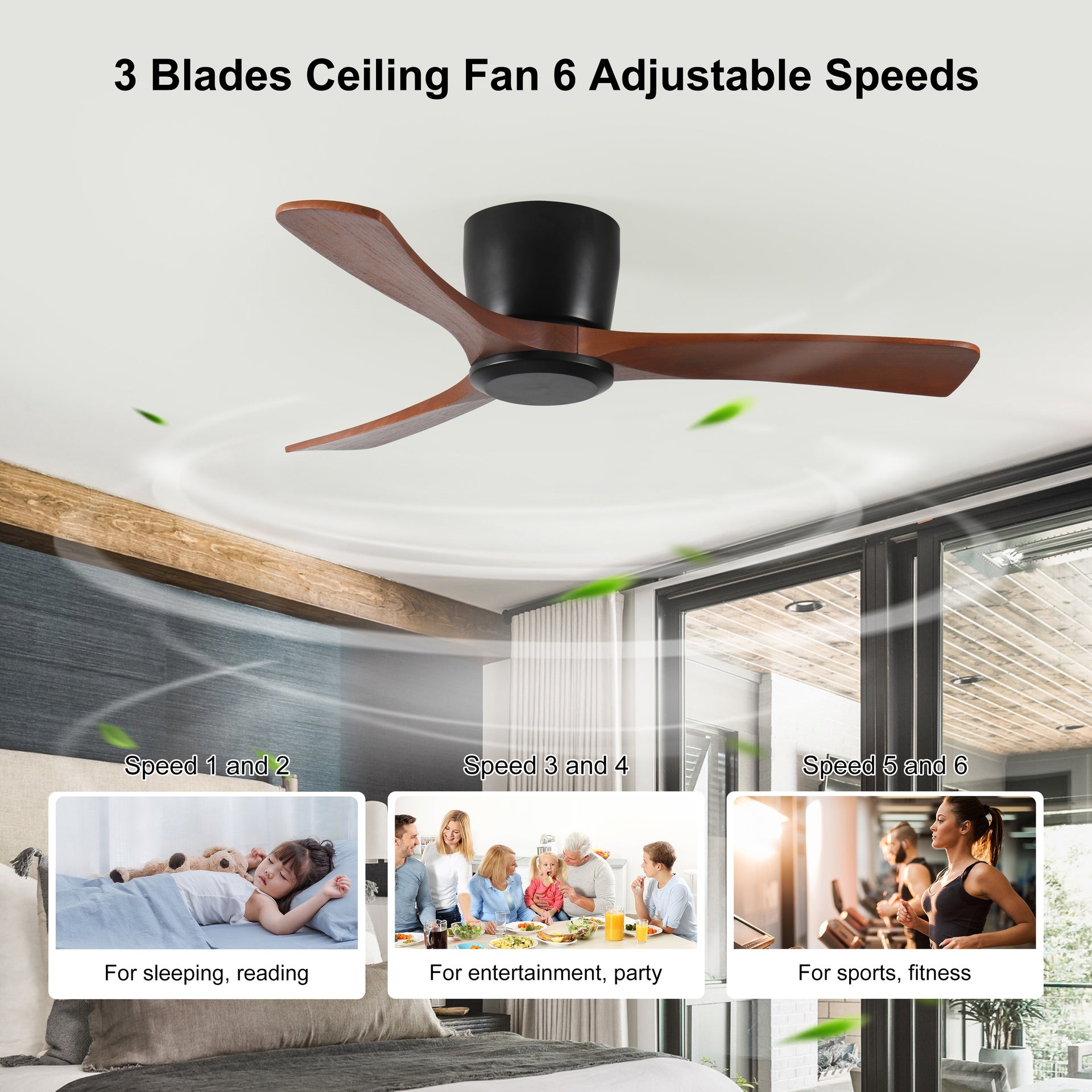 52 Inch Ceiling Fan no light with Remote Control, Low Profile Flush Mount Ceiling Fan without Light,Noiseless Reversible DC Motor with Timer