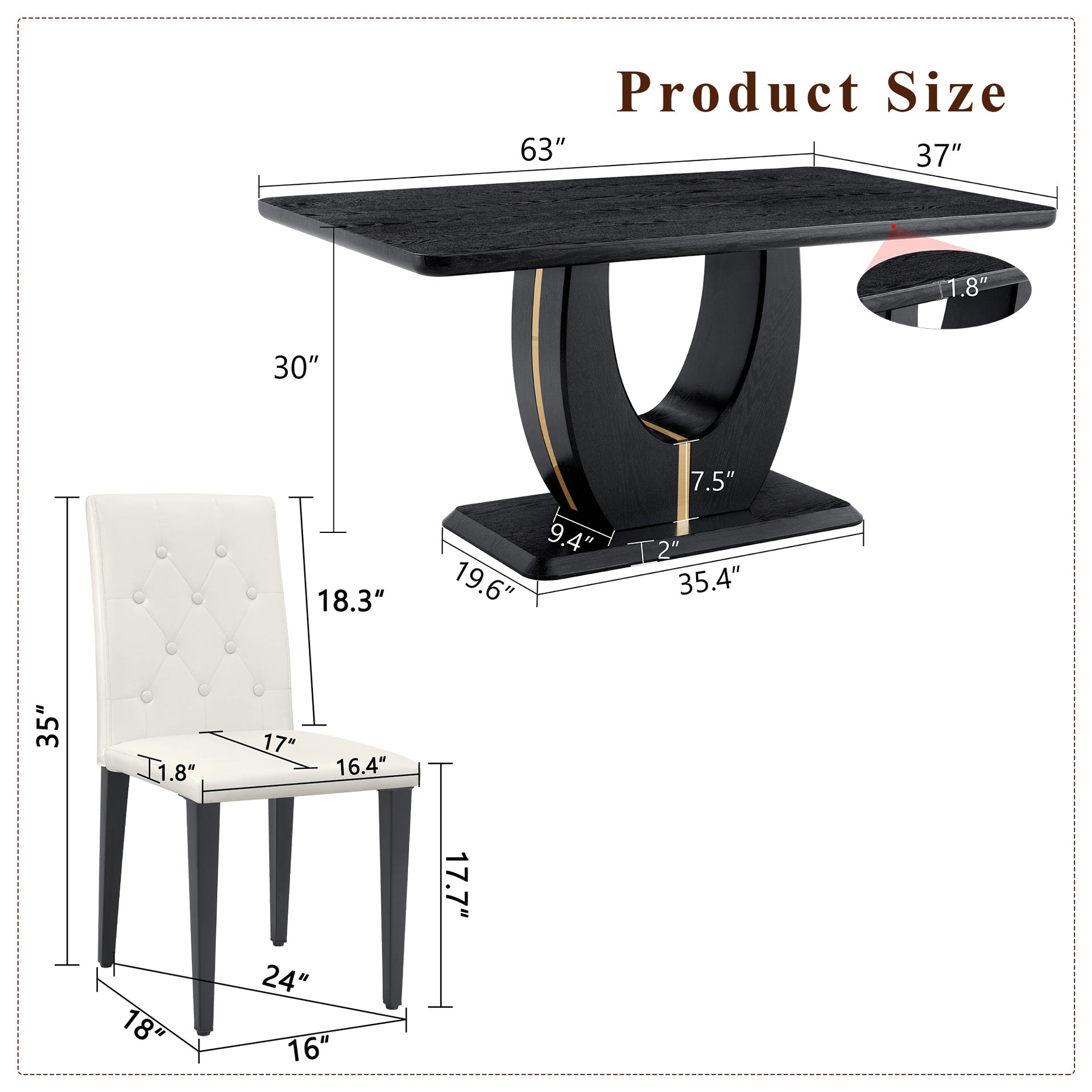 Black Wood Grain Dining Table Set for 4 people, 63" Modern MDF Dining Room Table Set .Paired with 4 White PU chairs with decorative buckle design on the backrest.For Apartment,Dining Room,Kitchen,etc.