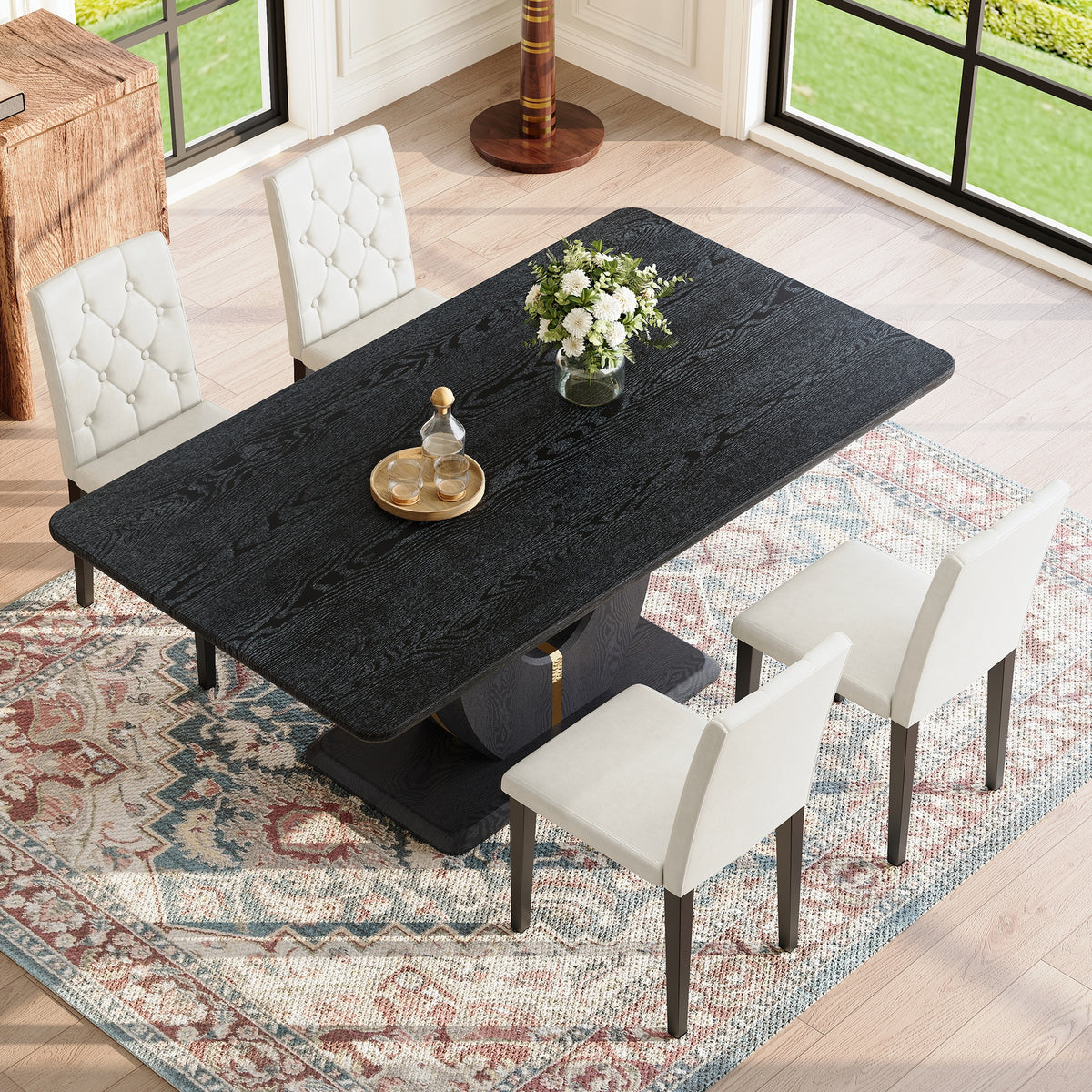 Black Wood Grain Dining Table Set for 4 people, 63" Modern MDF Dining Room Table Set .Paired with 4 White PU chairs with decorative buckle design on the backrest.For Apartment,Dining Room,Kitchen,etc.