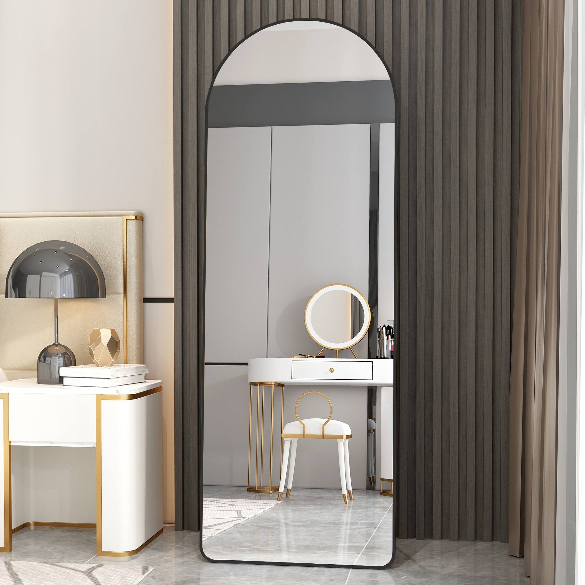 The 4st generation of floor mounted full length mirrors. Aluminum alloy metal frame arched wall mirror, bathroom makeup mirror, bedroom porch, clothing store, wall mounted. Black 65 "* 23" W1151125604
