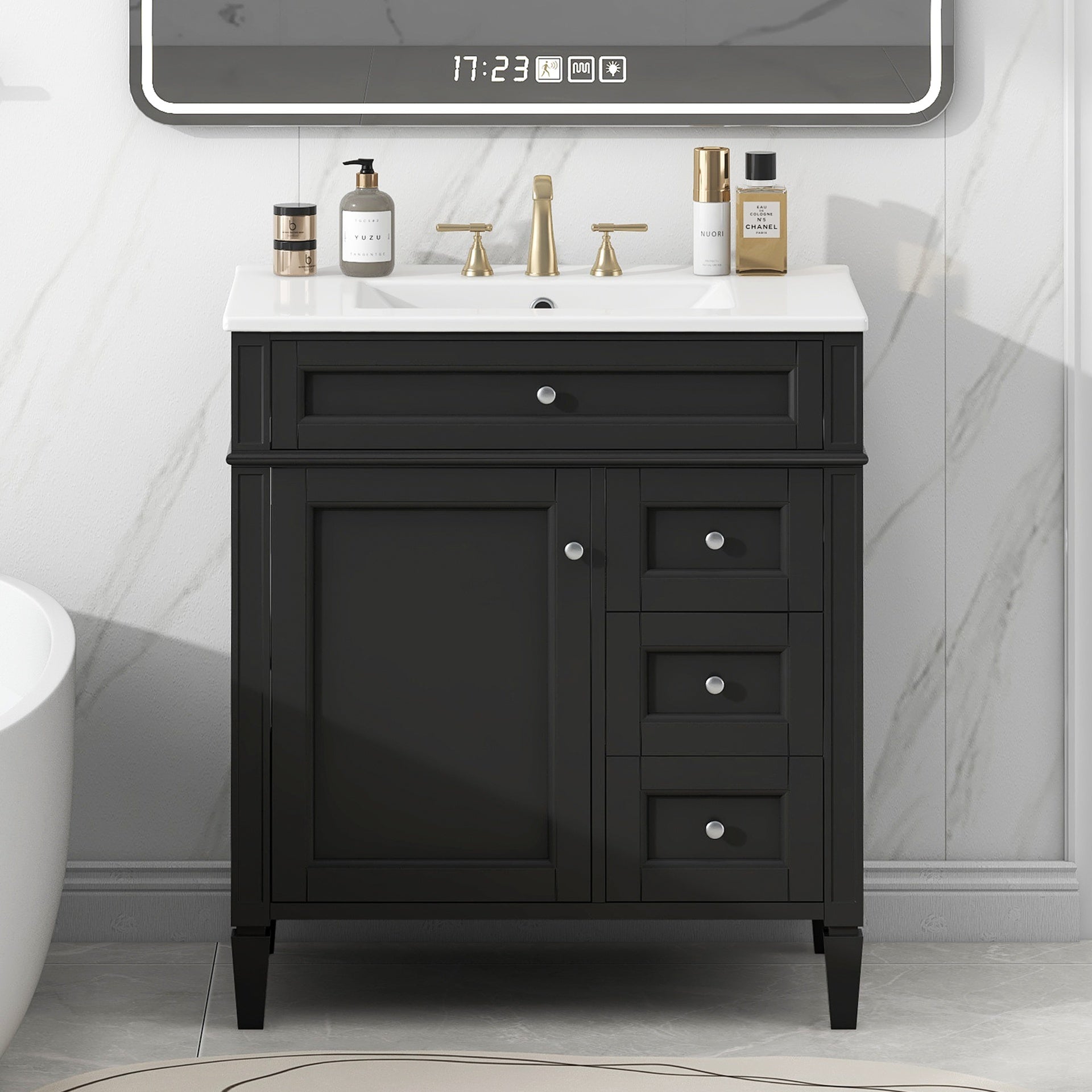 30'' Bathroom Vanity with Top Sink, Modern Bathroom Storage Cabinet with 2 Drawers and a Tip-out Drawer, Single Sink Bathroom Vanity