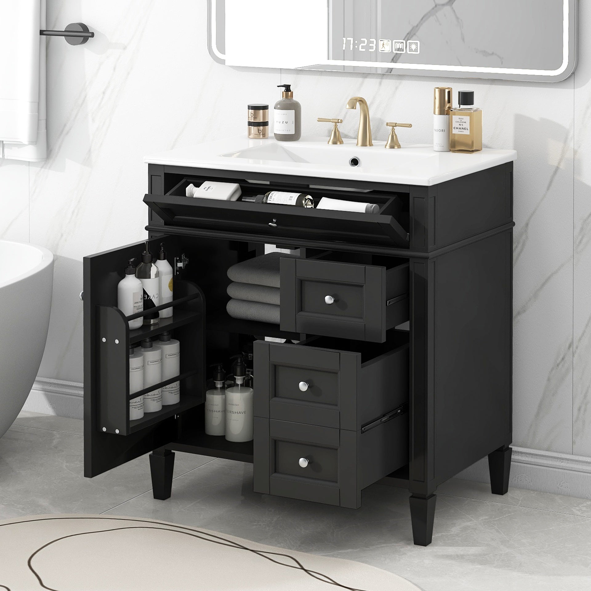 30'' Bathroom Vanity with Top Sink, Modern Bathroom Storage Cabinet with 2 Drawers and a Tip-out Drawer, Single Sink Bathroom Vanity