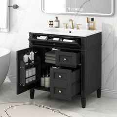 30'' Bathroom Vanity with Top Sink, Modern Bathroom Storage Cabinet with 2 Drawers and a Tip-out Drawer, Single Sink Bathroom Vanity
