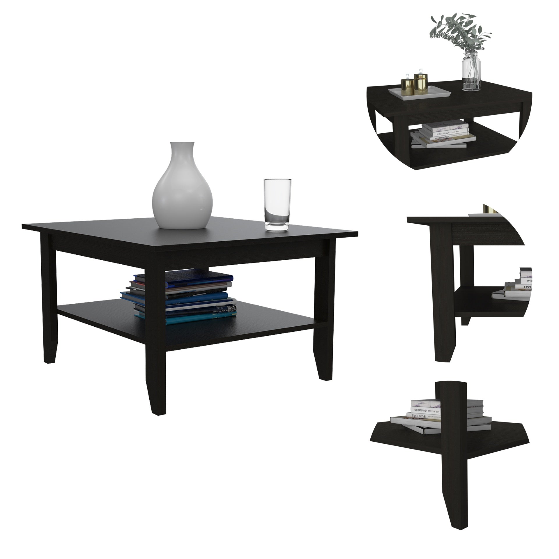 Essential Coffee Table, One Shelf, Four Legs -Black
