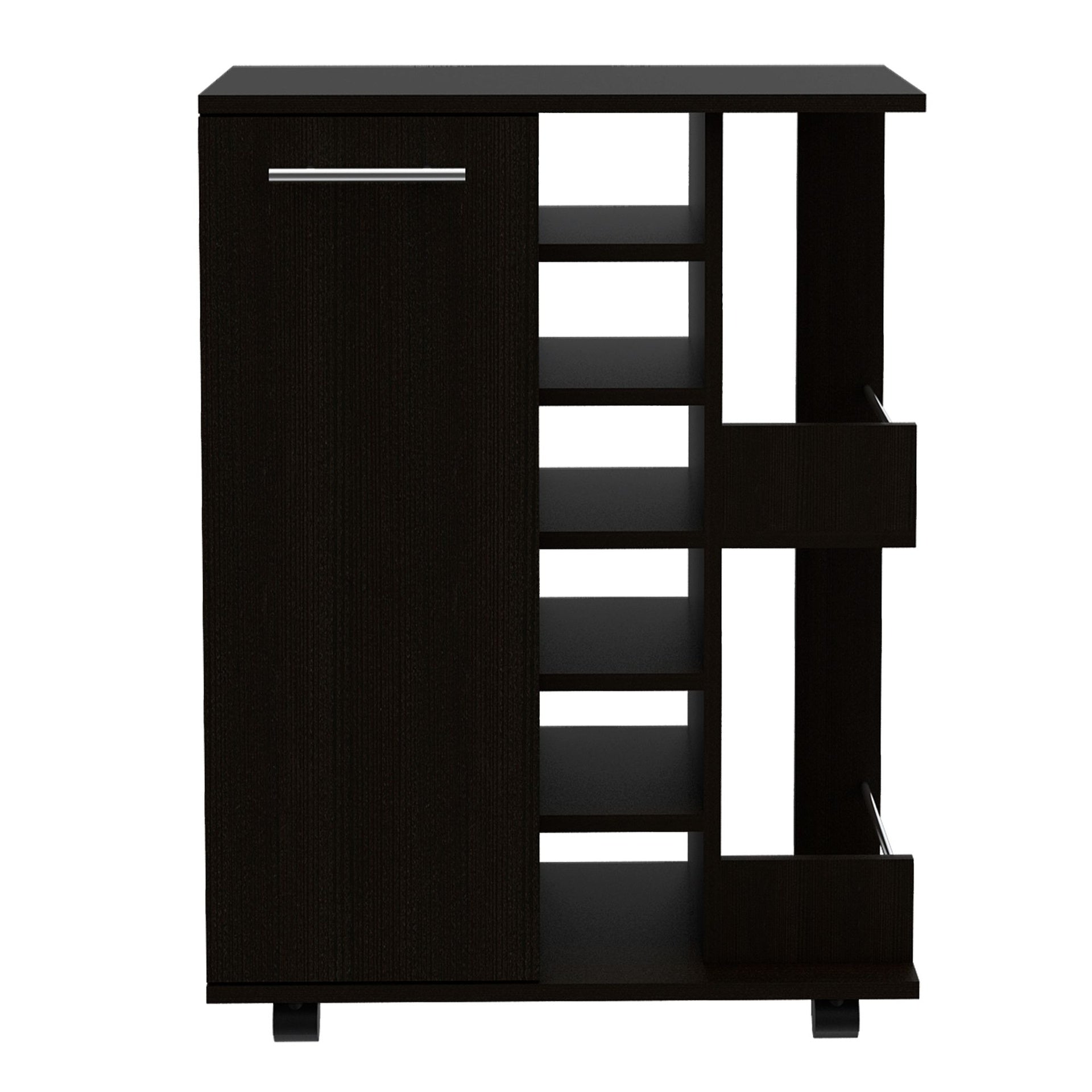 Bar Cart, Two External Shelves, Four Casters, Six Built-in Wine Rack, Single Door Cabinet -Black