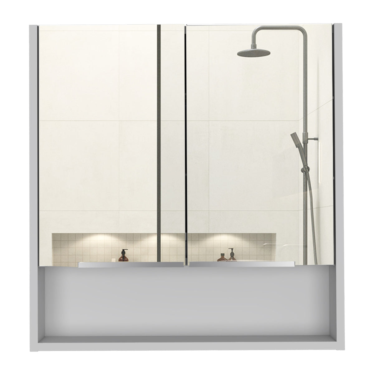 Jaspe Mirror Cabinet, Three Internal Shelves, One Open Shelf, Double Door Cabinet -White