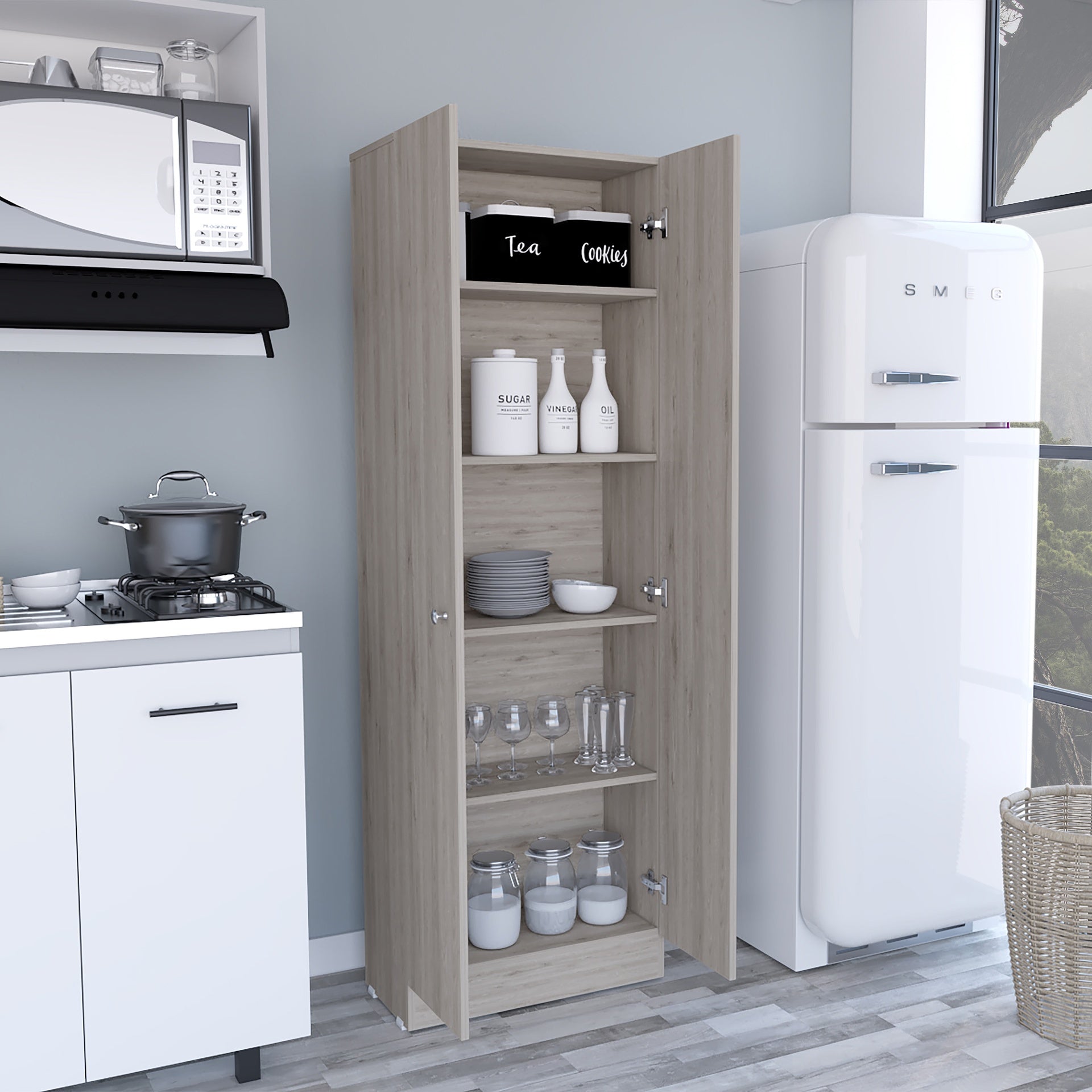 Multistorage Pantry Cabinet, Five Shelves, Double Door Cabinet -Light Gray