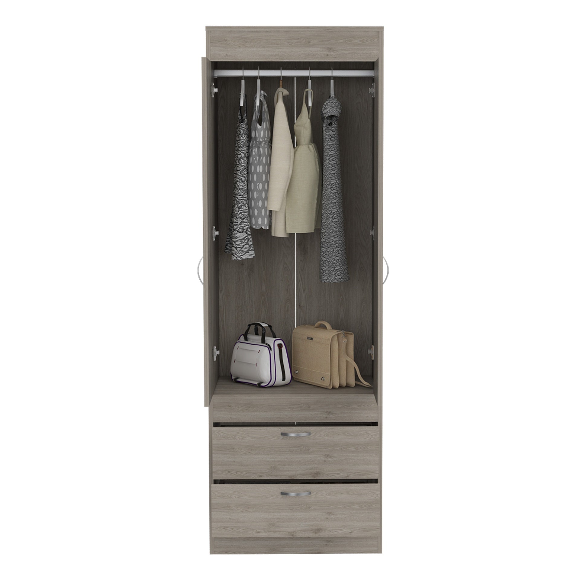 Lisboa Armoire, Rod, Double Door, Two Drawers, Metal Handles Light Gray