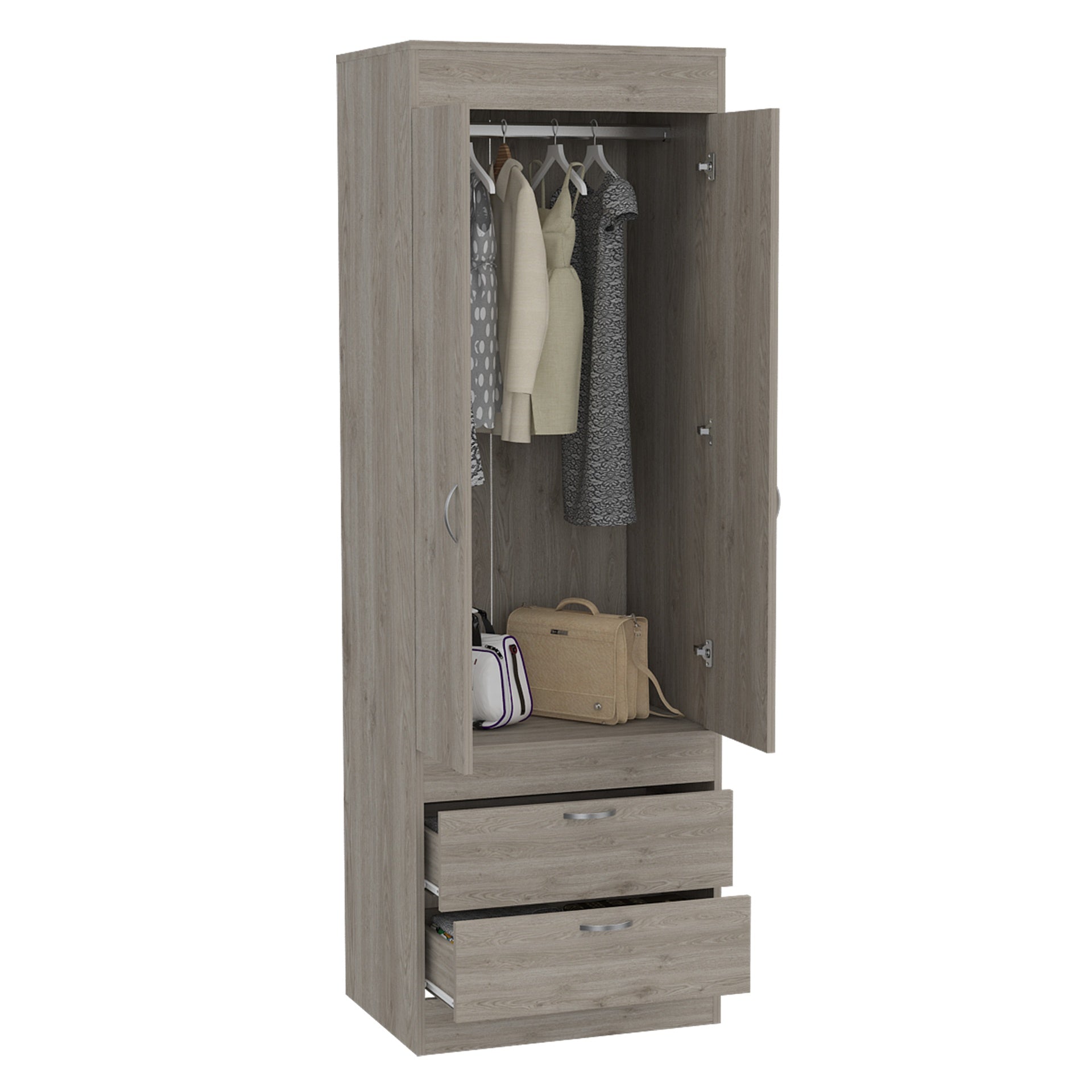 Lisboa Armoire, Rod, Double Door, Two Drawers, Metal Handles Light Gray