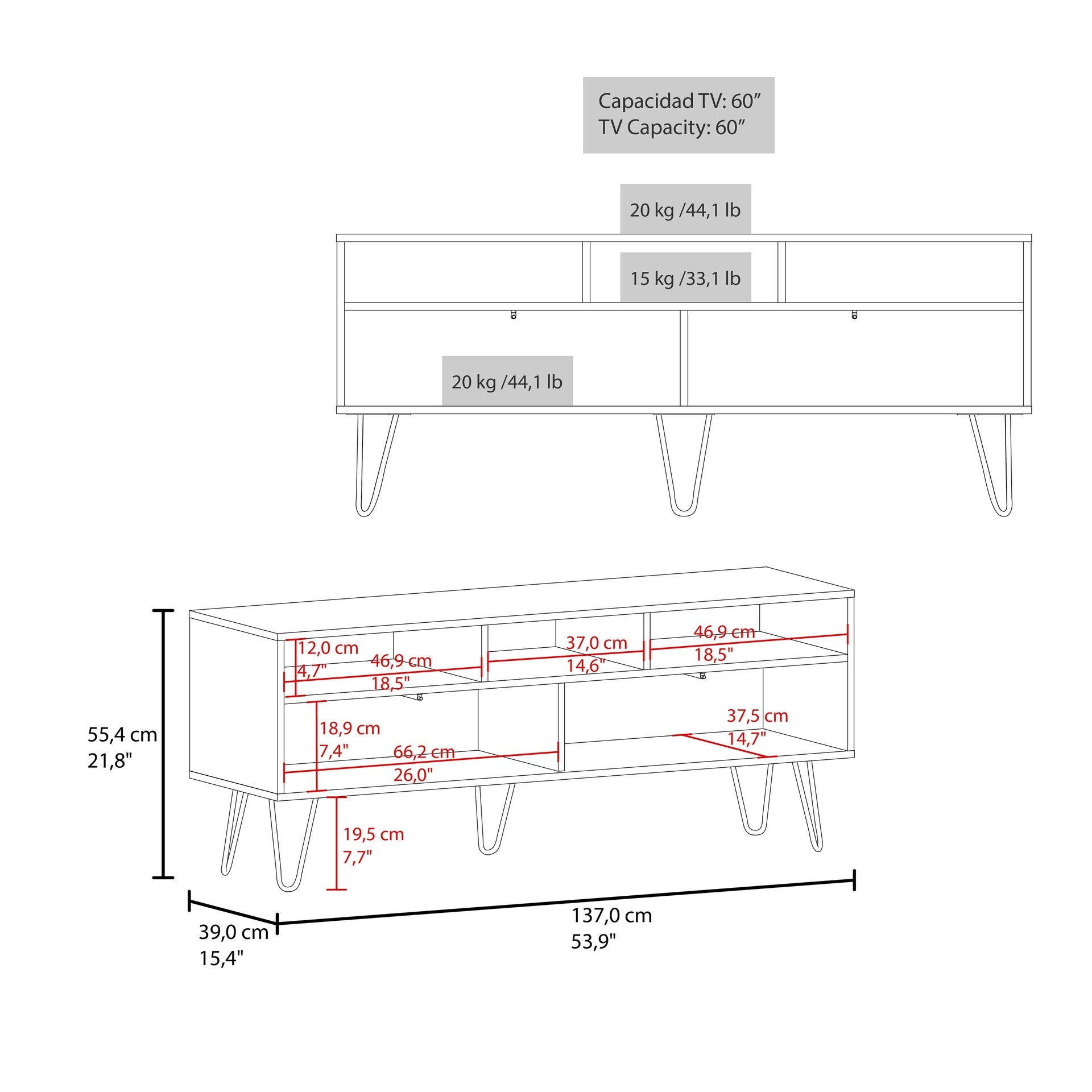 Tori 54" Wide Two-Door Cabinet Tv Stand with Pull Down doors, Three Shelves, Cable Management White - Naturla Oak
