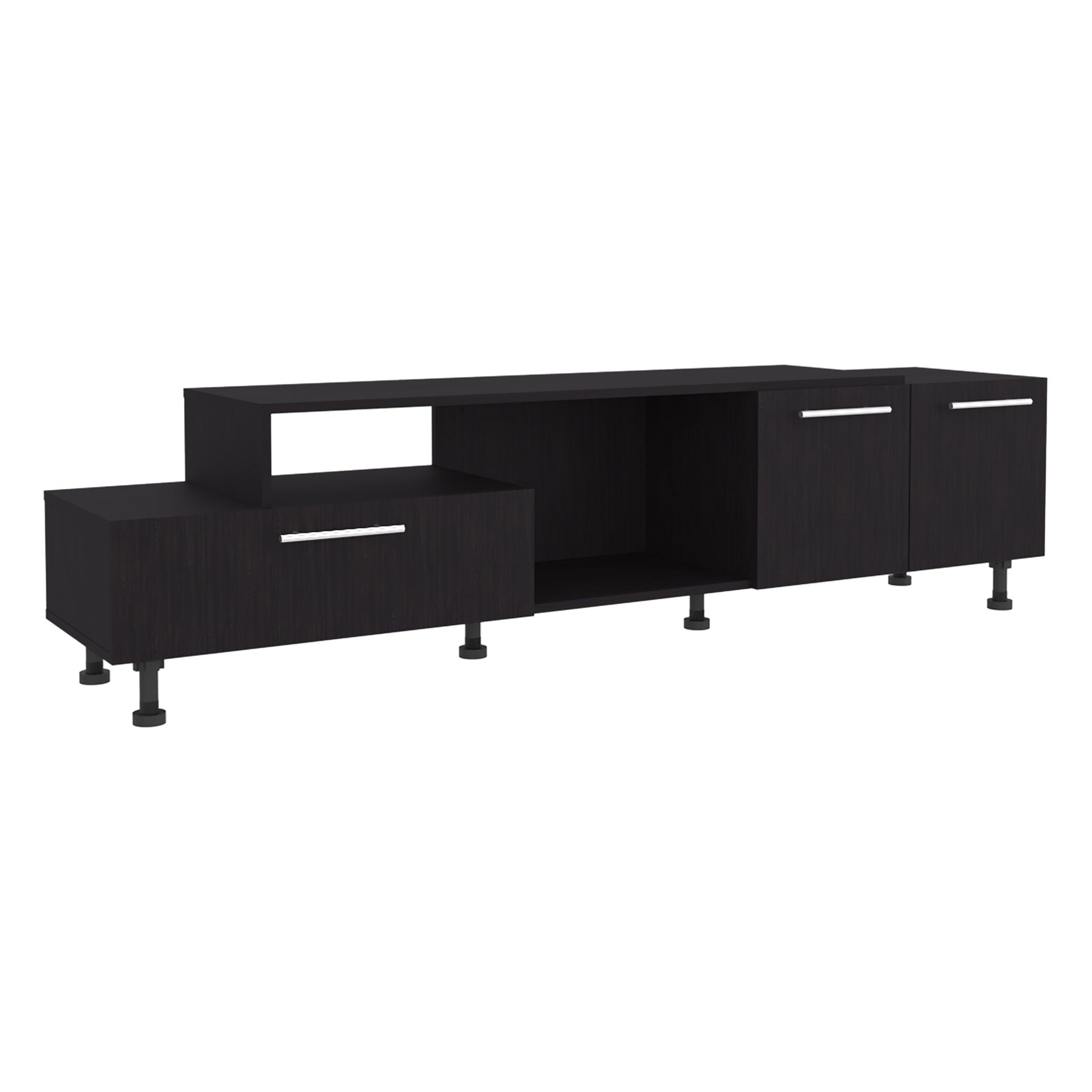 Athol  69" Wide  Two-Tier Tv Stand Black  with one pull-down door cabinet, one double-door cabinet and two Shelves, Cable Management, Living room  Black Wengue