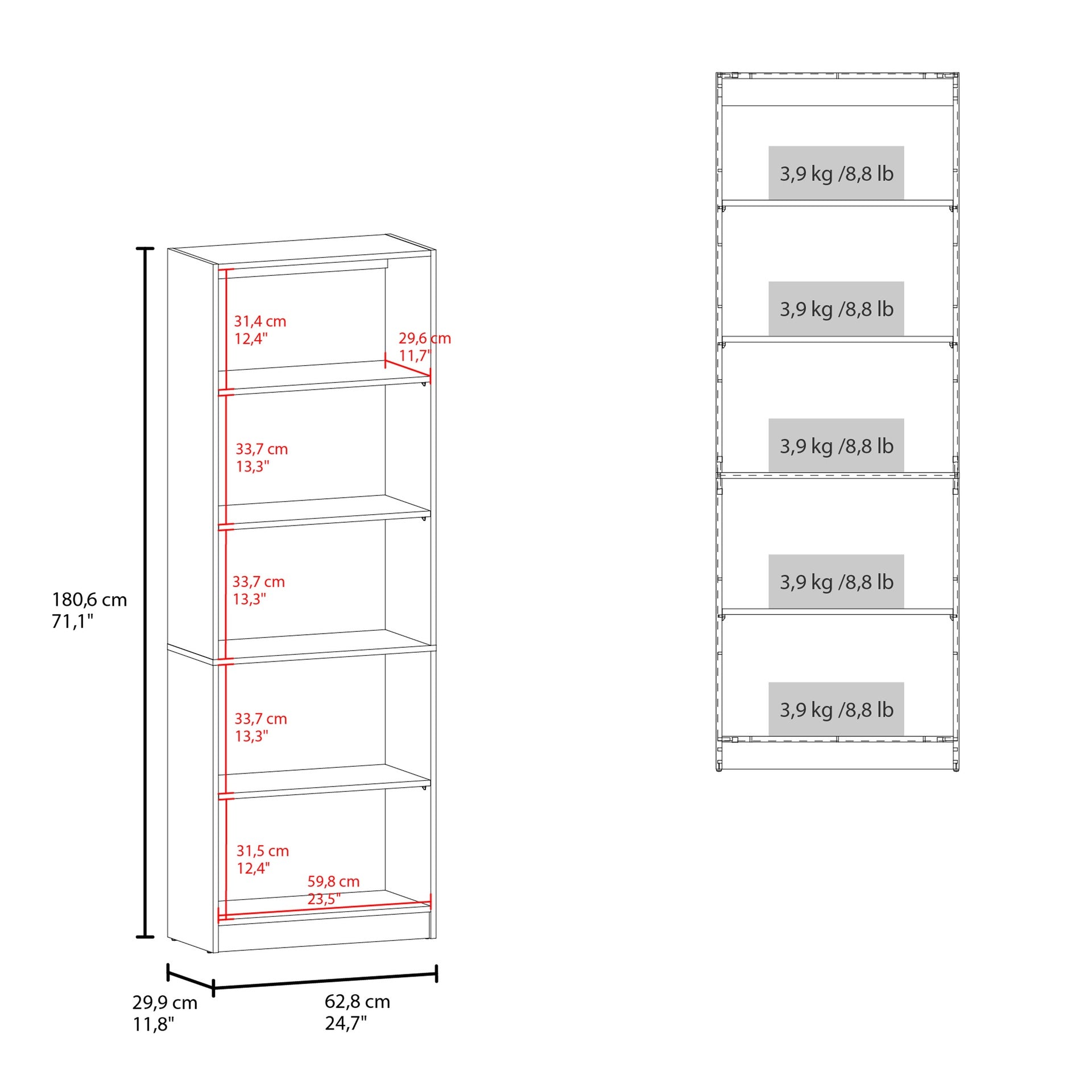 Home Four Shelves Bookcase With Multi-Tiered Storage, Natural Oak