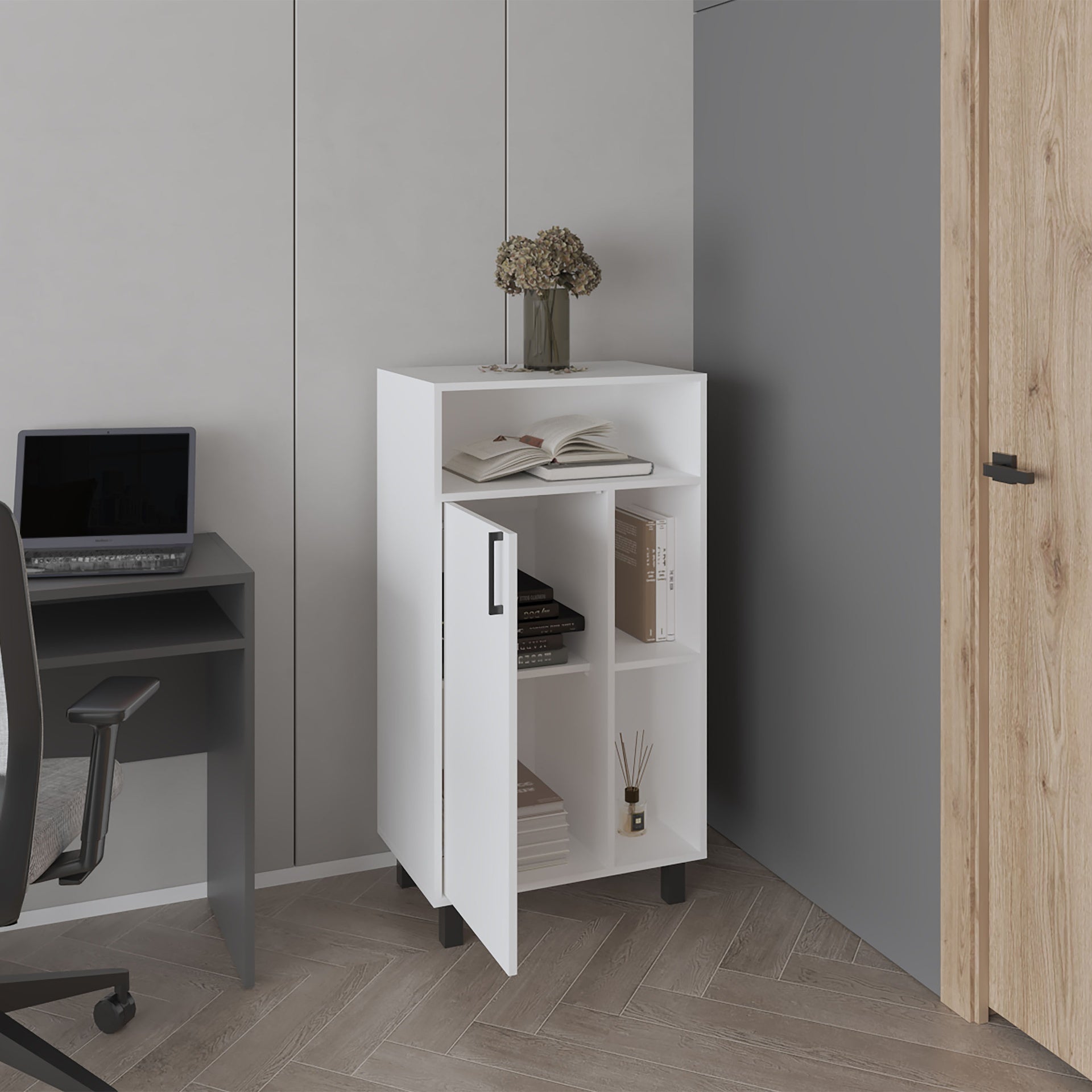 Bryce Base Cabinet, Compact Organizer, With One Door, Open Shelves And Top Display Space, White