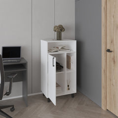 Bryce Base Cabinet, Compact Organizer, With One Door, Open Shelves And Top Display Space, White